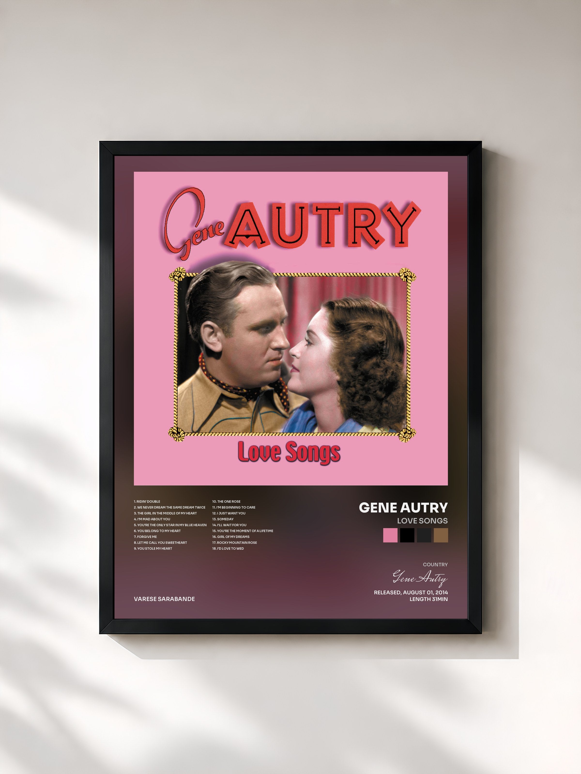 #noir Tableau de l'album Love Songs de Gene Autry, cadre noir, imprimé et encadré en France