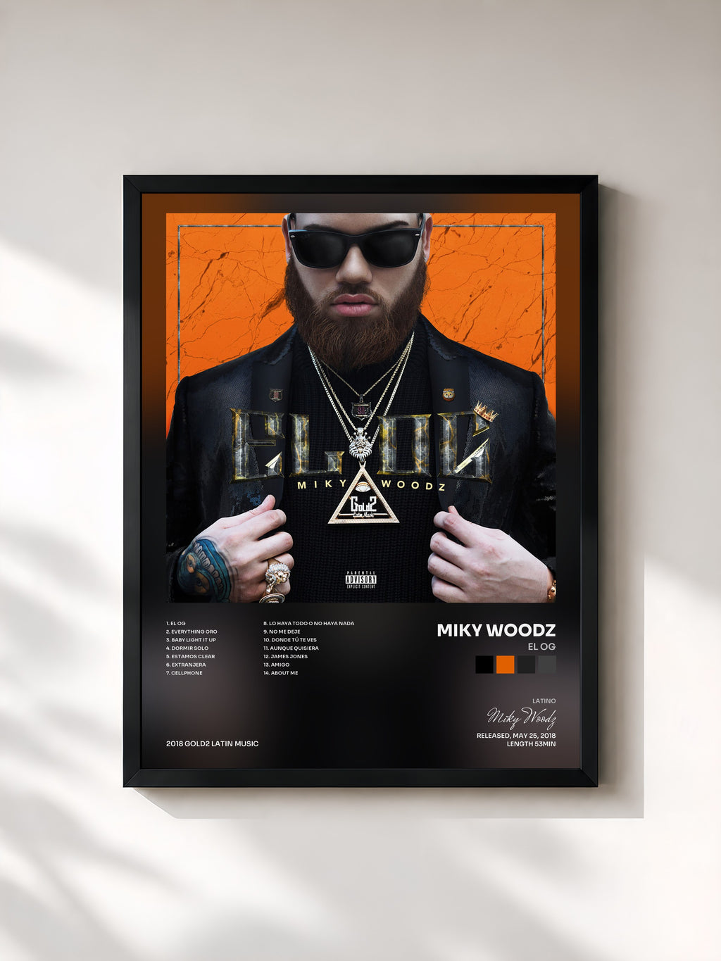 #noir Tableau de l'album EL OG de Miky Woodz, cadre noir, imprimé et encadré en France