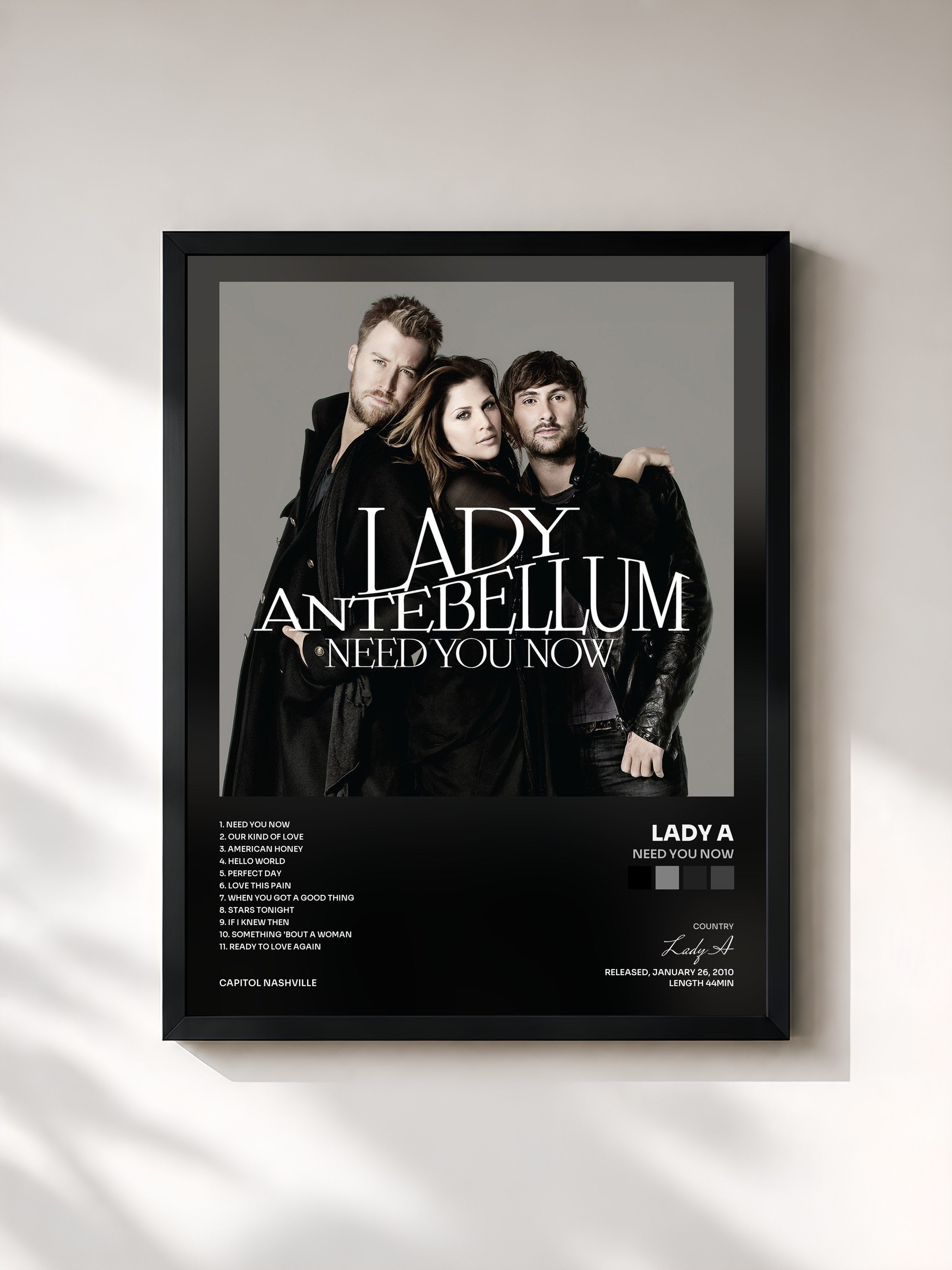 #noir Tableau de l'album Need You Now de Lady A, cadre noir, imprimé et encadré en France