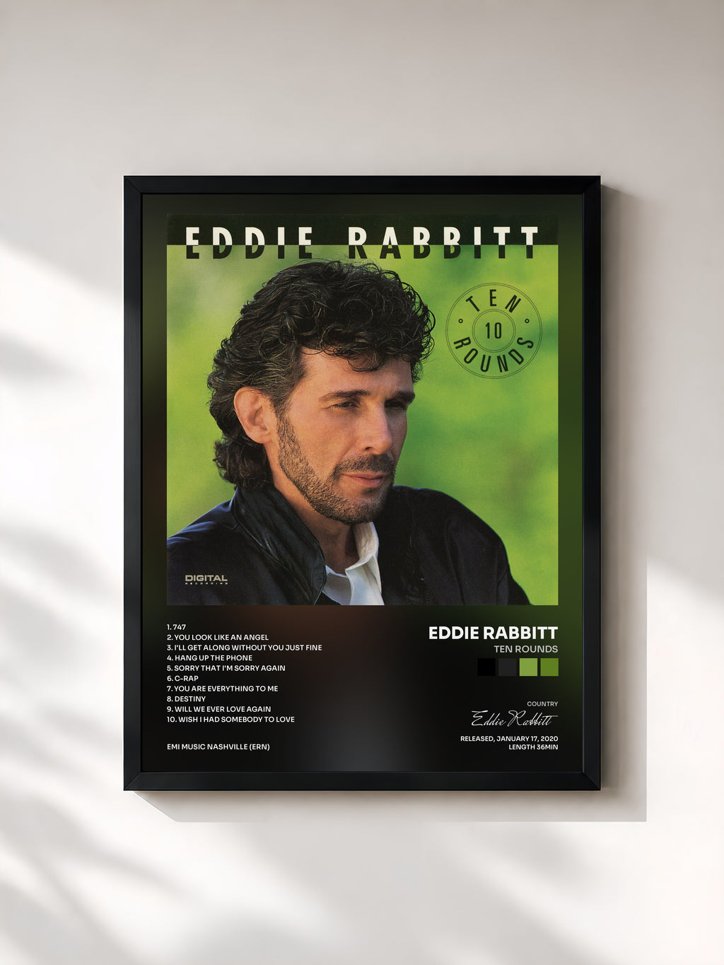#noir Tableau de l'album Ten Rounds de Eddie Rabbitt, cadre noir, imprimé et encadré en France
