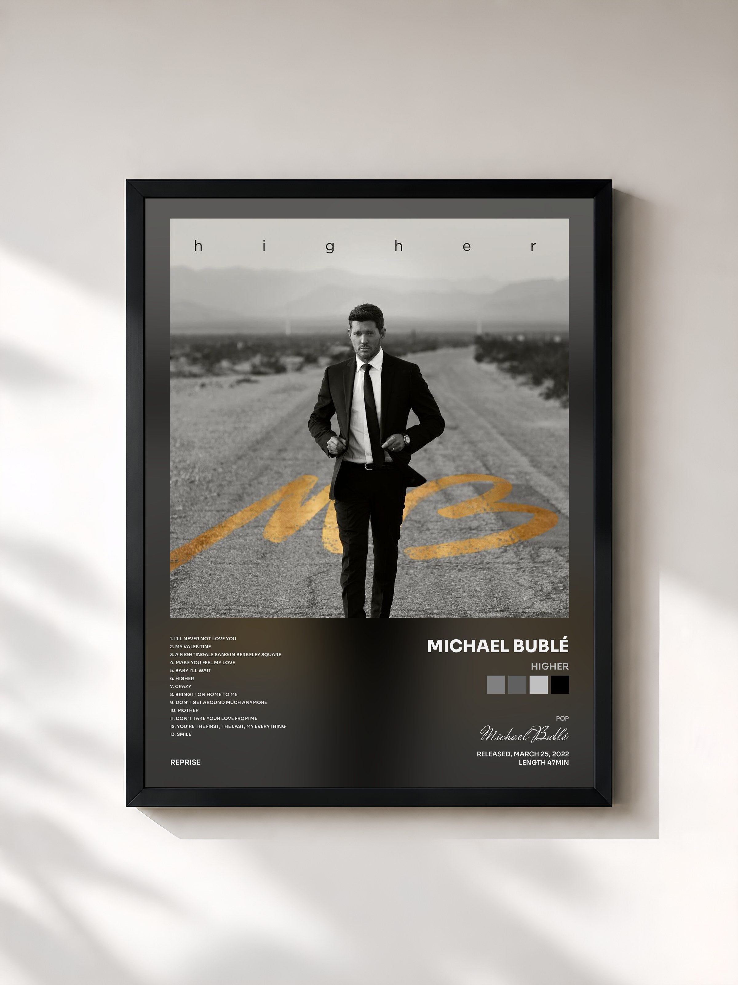 #noir Tableau de l'album Higher de Michael Bublé, cadre noir, imprimé et encadré en France