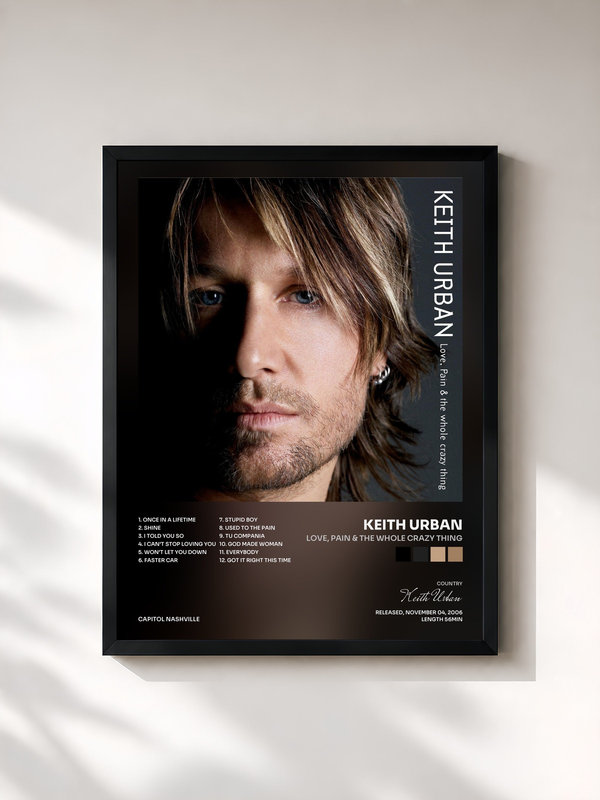 #noir Tableau de l'album Love, Pain & The Whole Crazy Thing de Keith Urban, cadre noir, imprimé et encadré en France