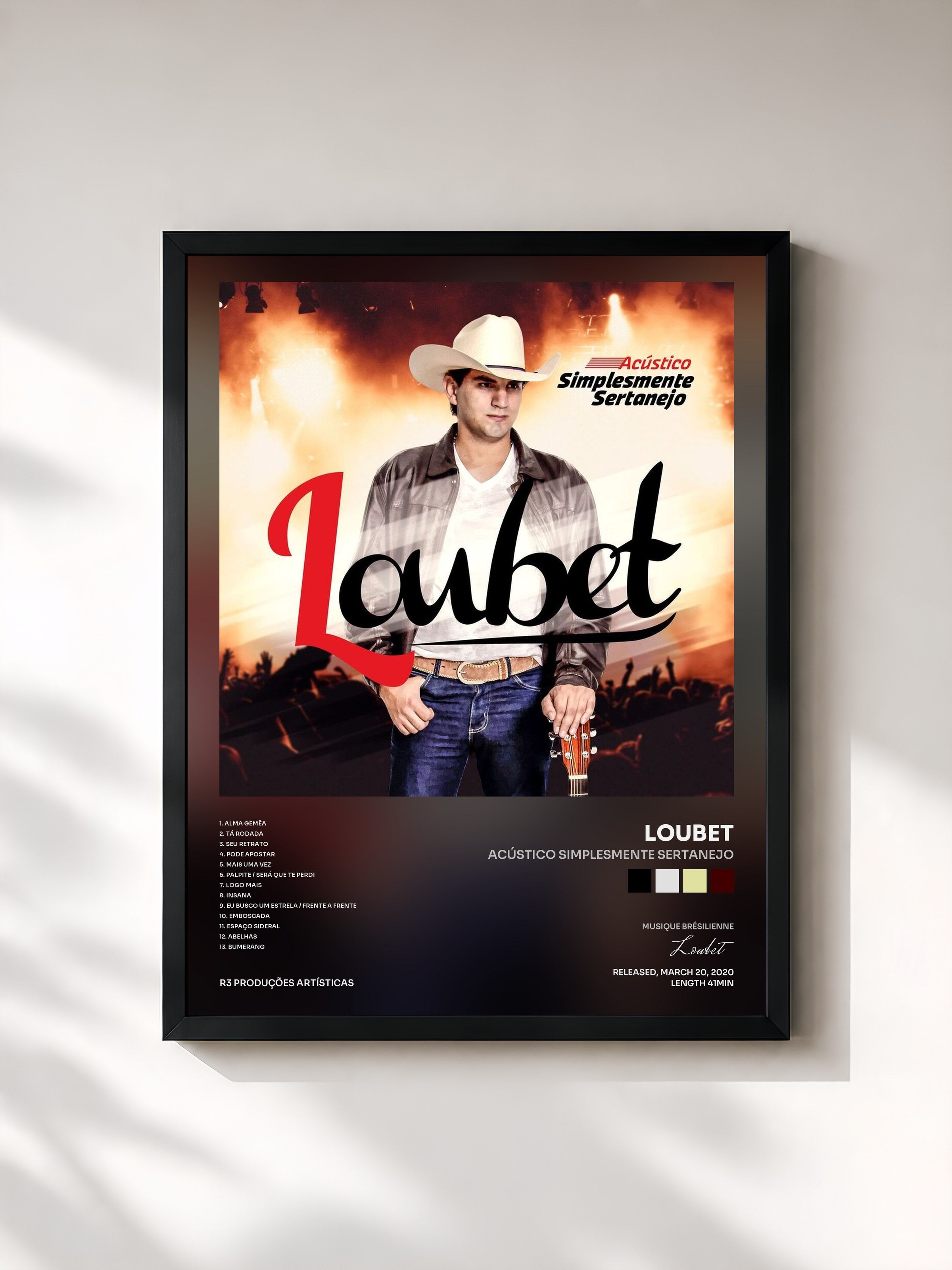 #noir Tableau de l'album Acústico Simplesmente Sertanejo de Loubet, cadre noir, imprimé et encadré en France