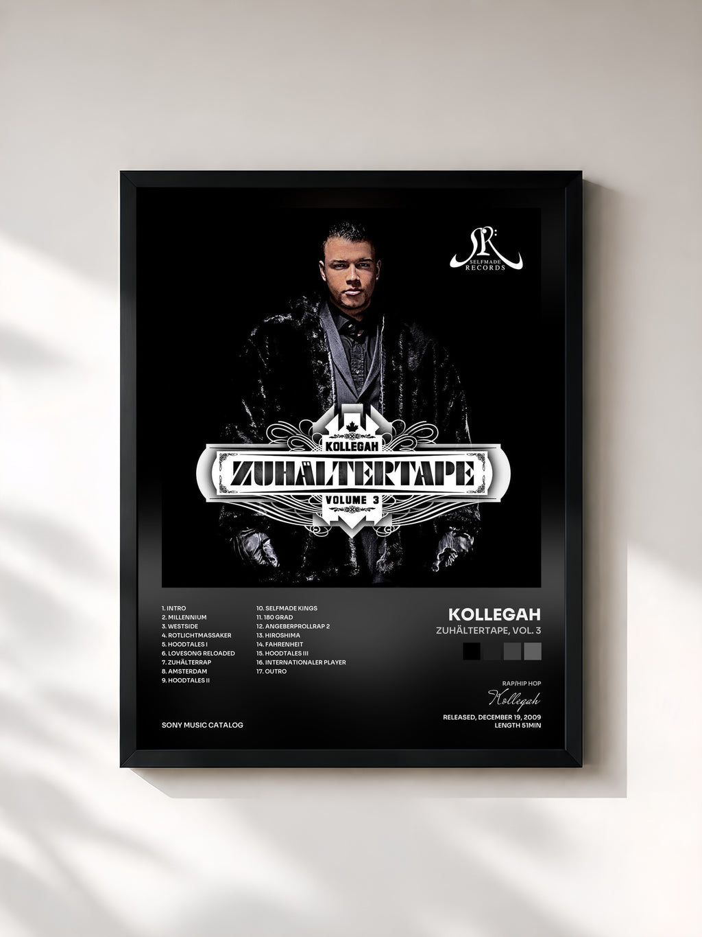 #noir Tableau de l'album Zuhältertape, Vol. 3 de Kollegah, cadre noir, imprimé et encadré en France