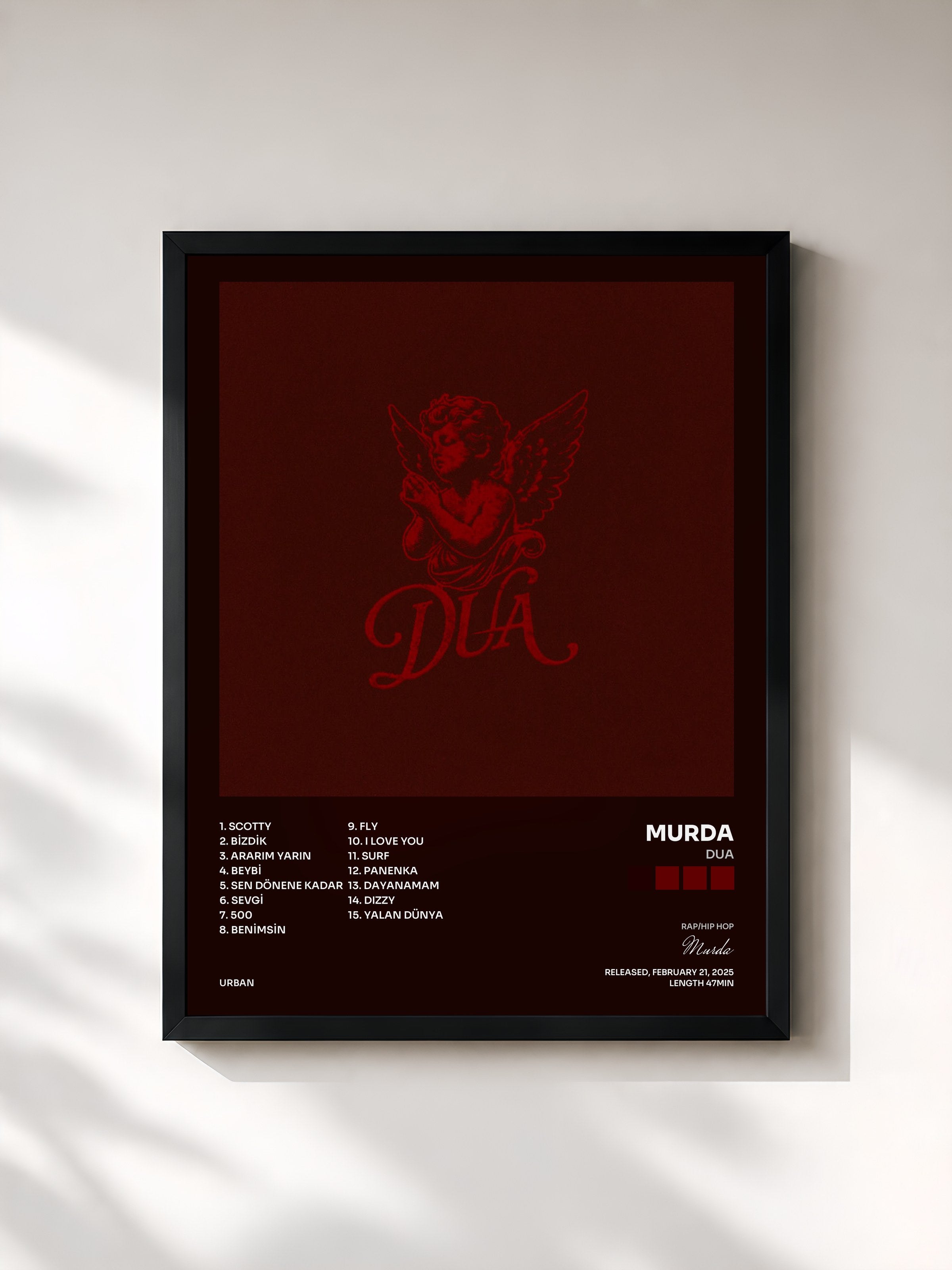 #noir Tableau de l'album DUA de Murda, cadre noir, imprimé et encadré en France