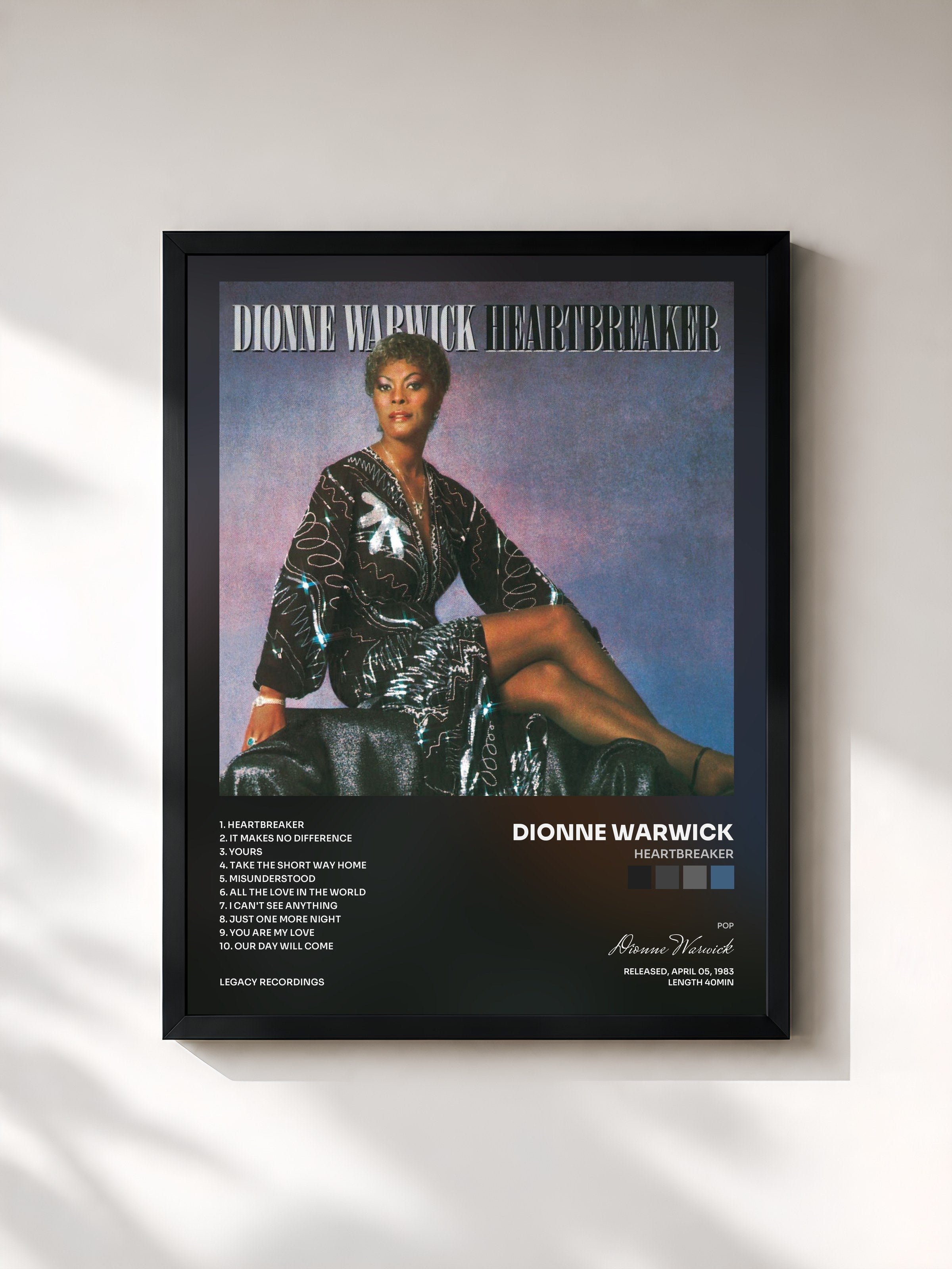 #noir Tableau de l'album Heartbreaker de Dionne Warwick, cadre noir, imprimé et encadré en France