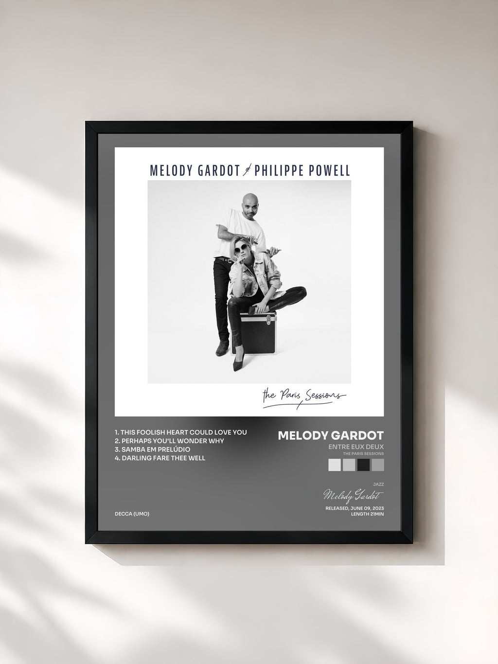 #noir Tableau de l'album Entre eux deux (The Paris Sessions) de Melody Gardot, cadre noir, imprimé et encadré en France