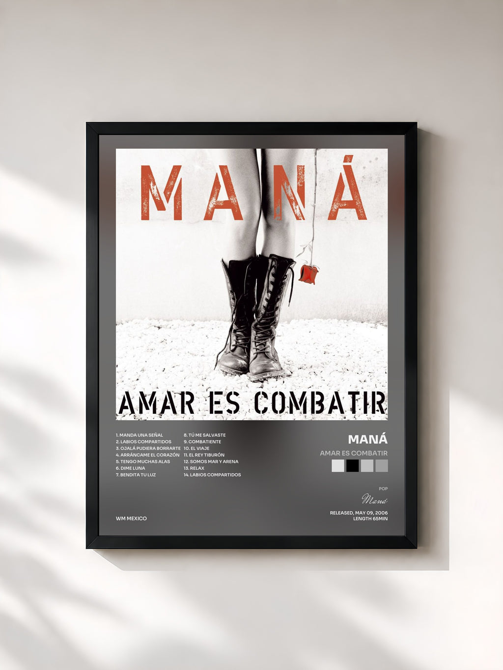 #noir Tableau de l'album Amar Es Combatir de Maná, cadre noir, imprimé et encadré en France