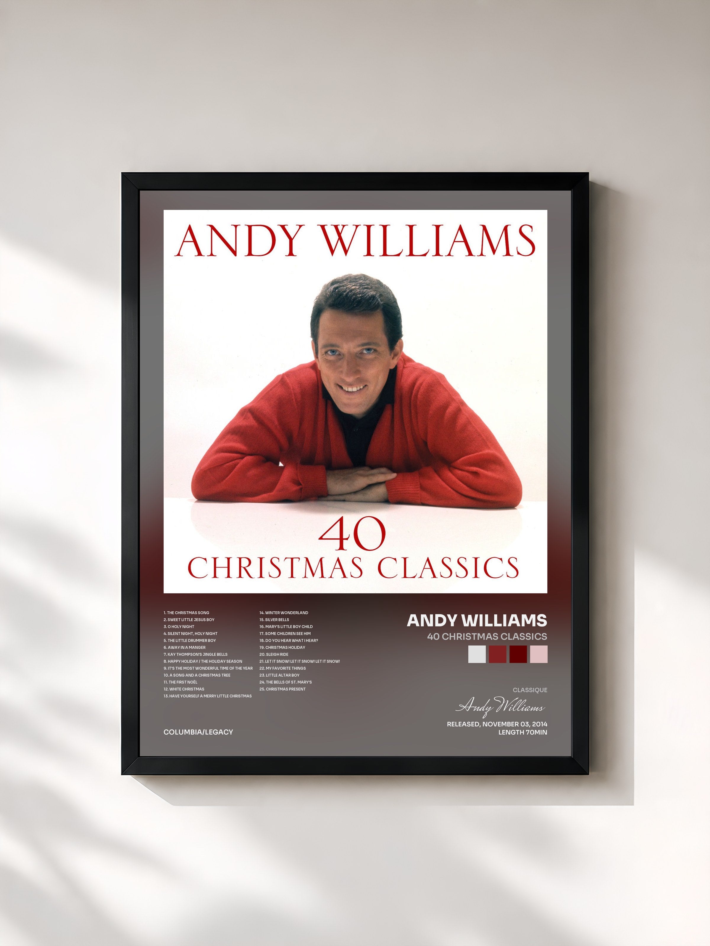 #noir Tableau de l'album 40 Christmas Classics de Andy Williams, cadre noir, imprimé et encadré en France