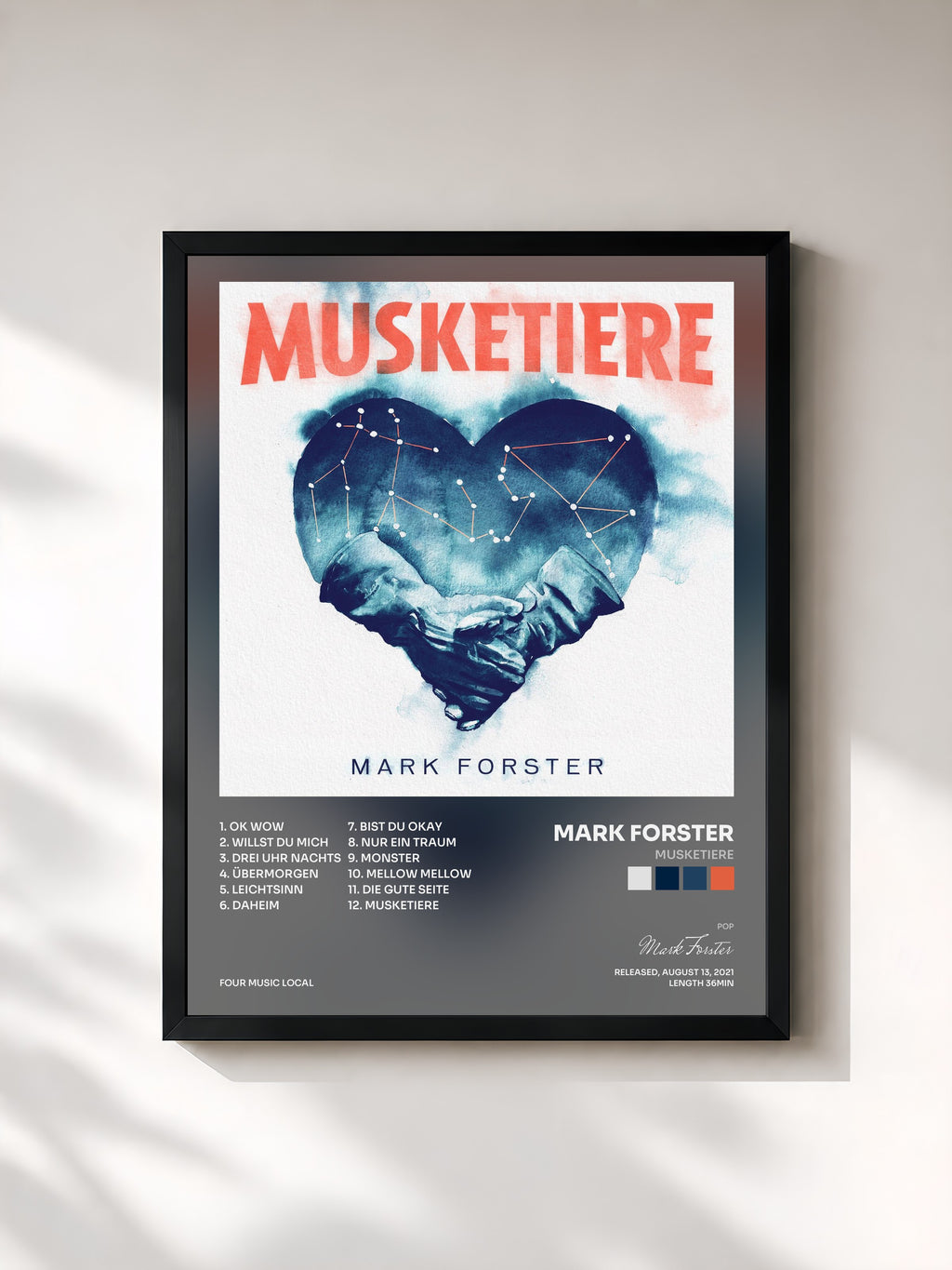 #noir Tableau de l'album MUSKETIERE de Mark Forster, cadre noir, imprimé et encadré en France