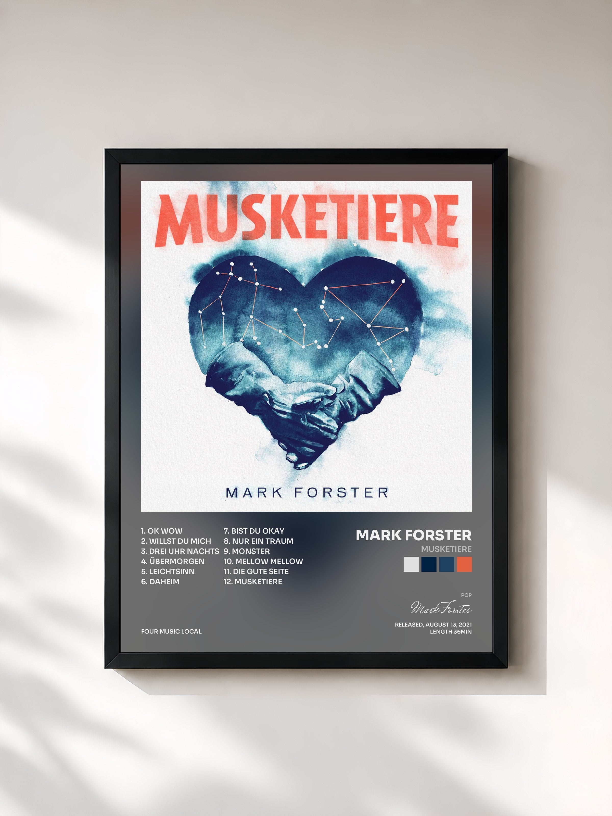 #noir Tableau de l'album MUSKETIERE de Mark Forster, cadre noir, imprimé et encadré en France