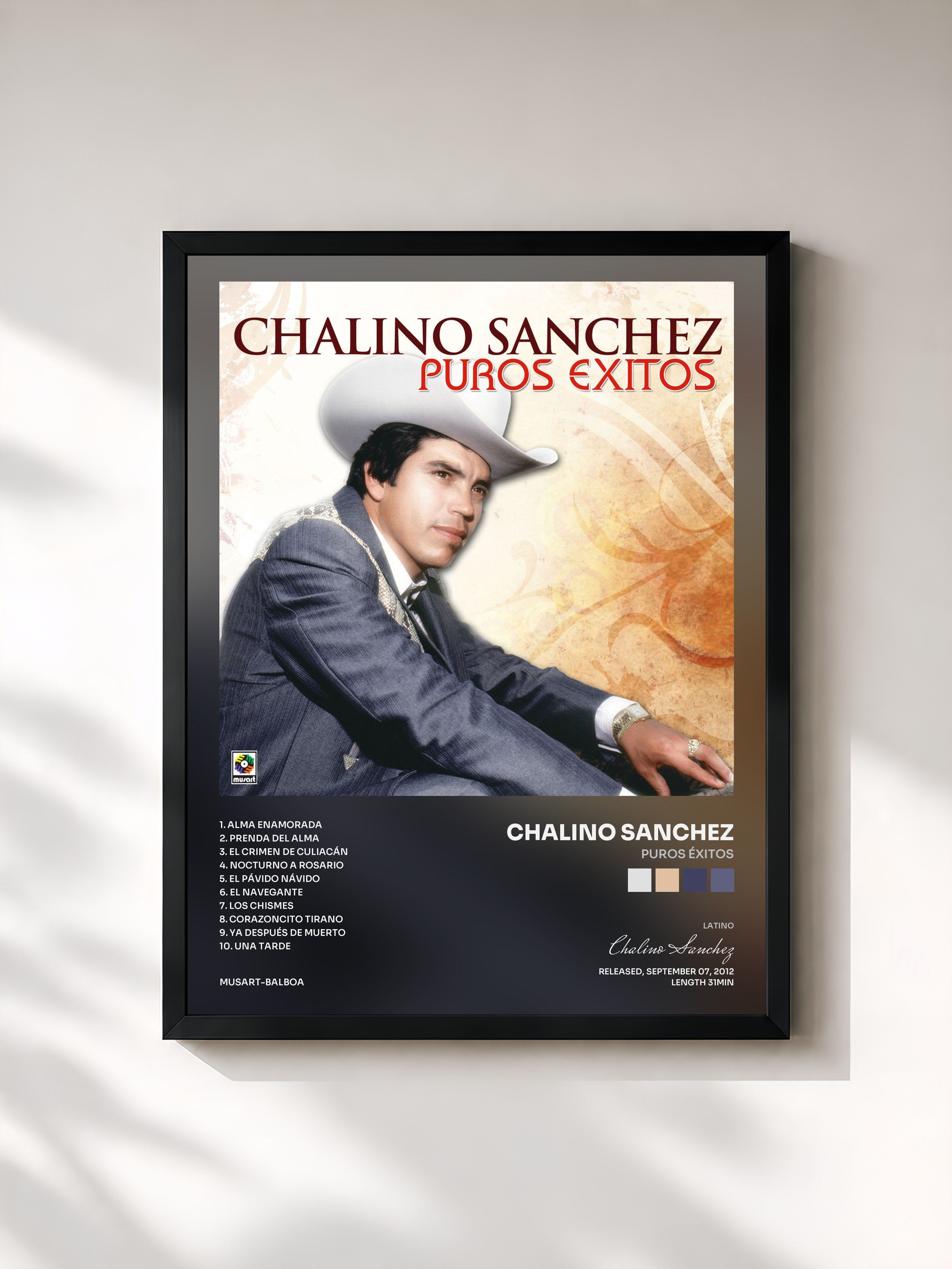 #noir Tableau de l'album Puros Éxitos de Chalino Sanchez, cadre noir, imprimé et encadré en France