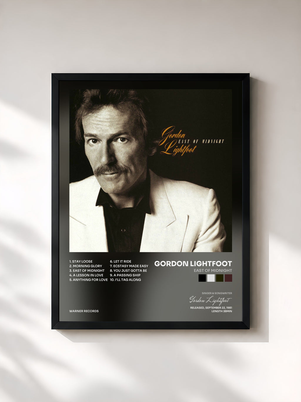 #noir Tableau de l'album East of Midnight de Gordon Lightfoot, cadre noir, imprimé et encadré en France