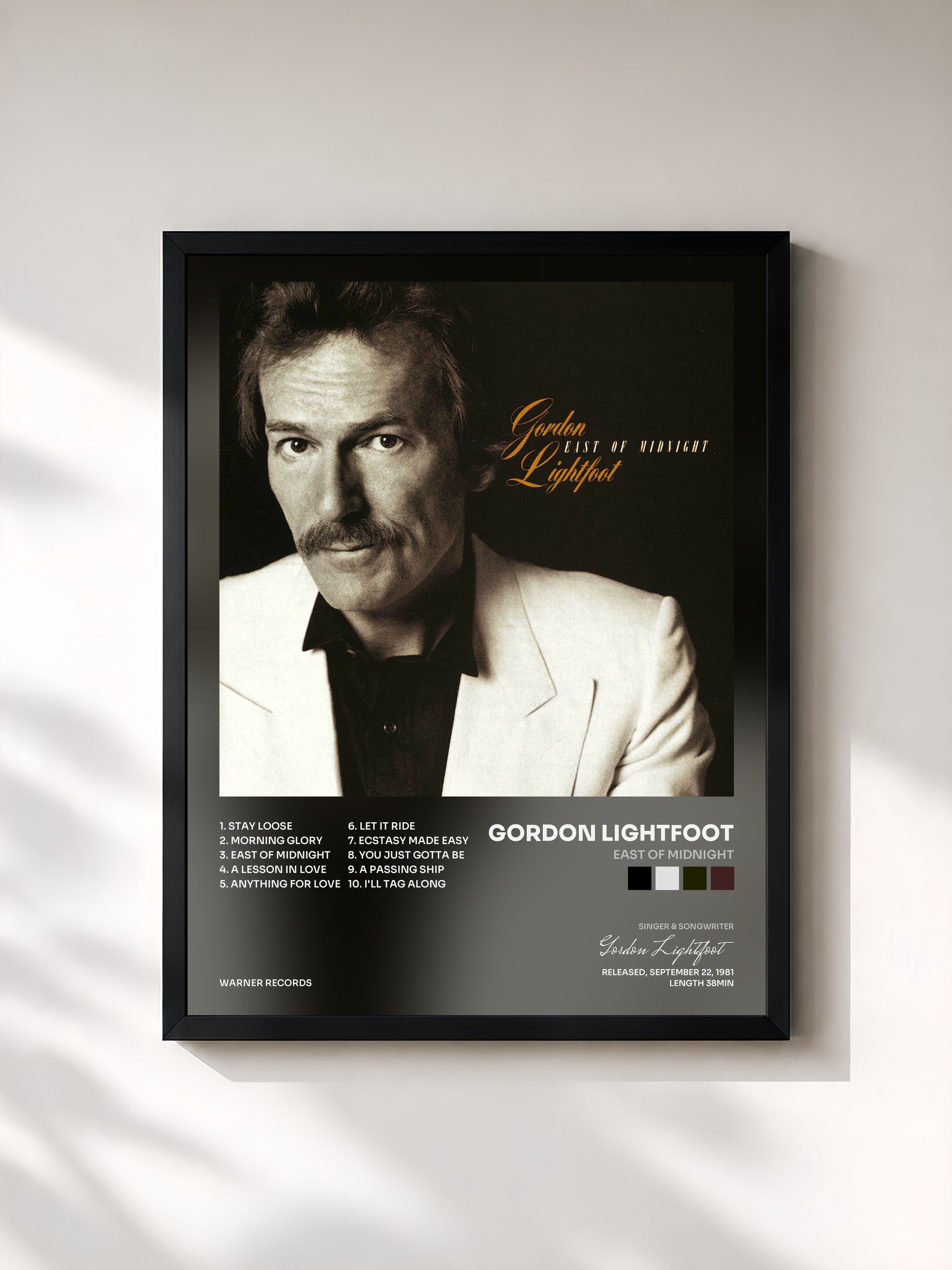 #noir Tableau de l'album East of Midnight de Gordon Lightfoot, cadre noir, imprimé et encadré en France