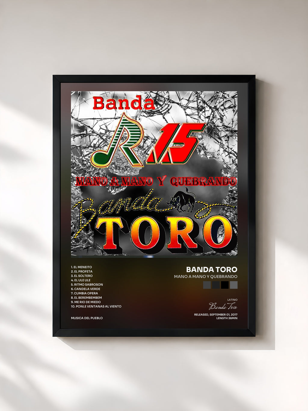 #noir Tableau de l'album Mano a Mano y Quebrando de Banda Toro, cadre noir, imprimé et encadré en France