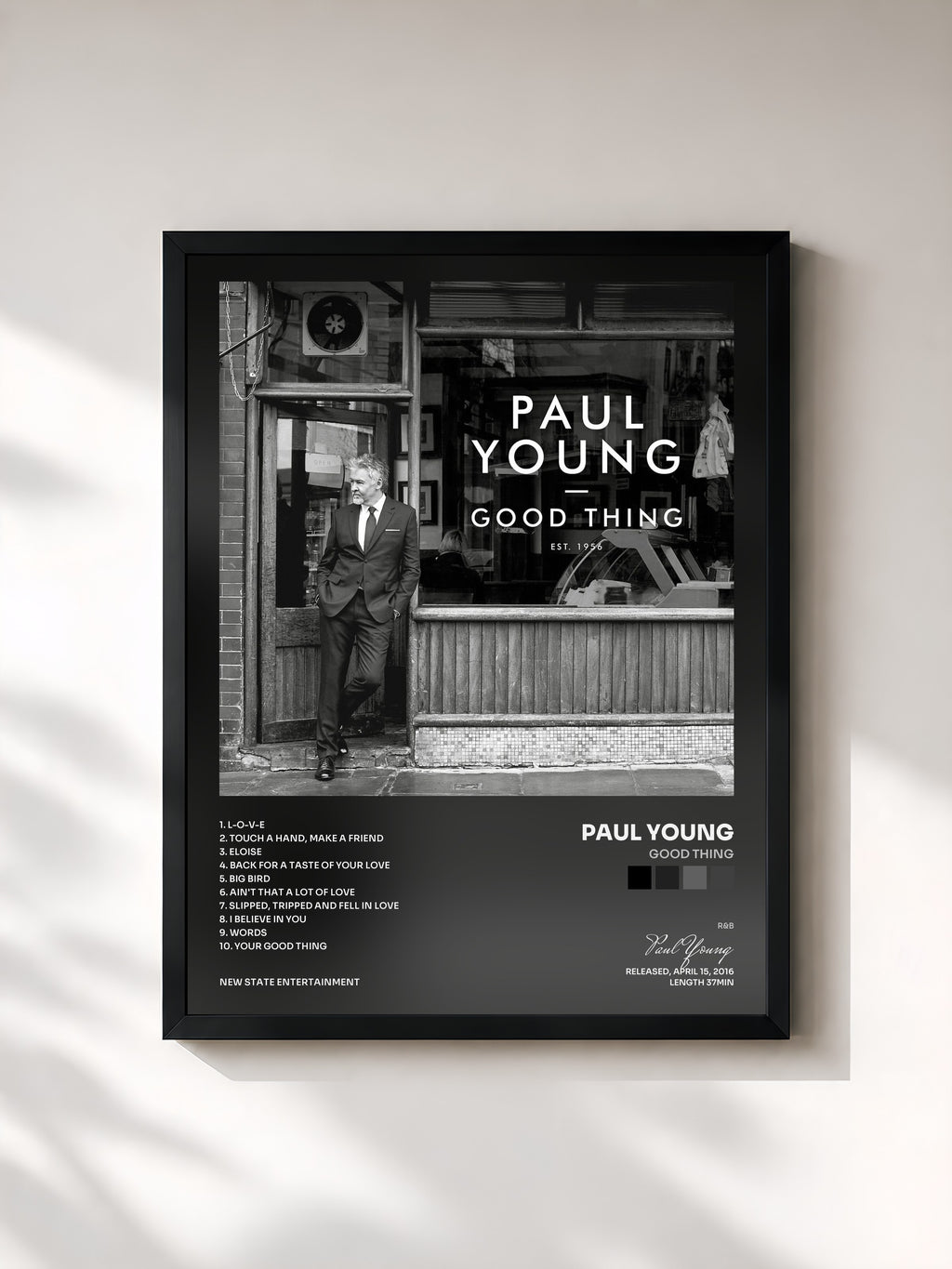 #noir Tableau de l'album Good Thing de Paul Young, cadre noir, imprimé et encadré en France