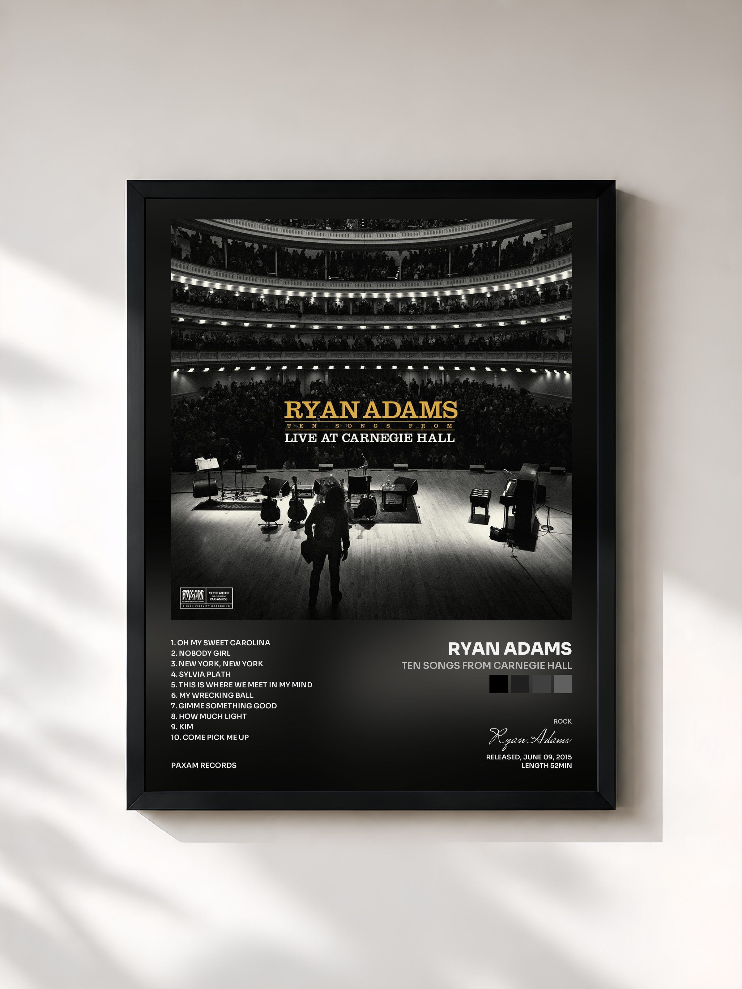 #noir Tableau de l'album Ten Songs from Carnegie Hall de Ryan Adams, cadre noir, imprimé et encadré en France
