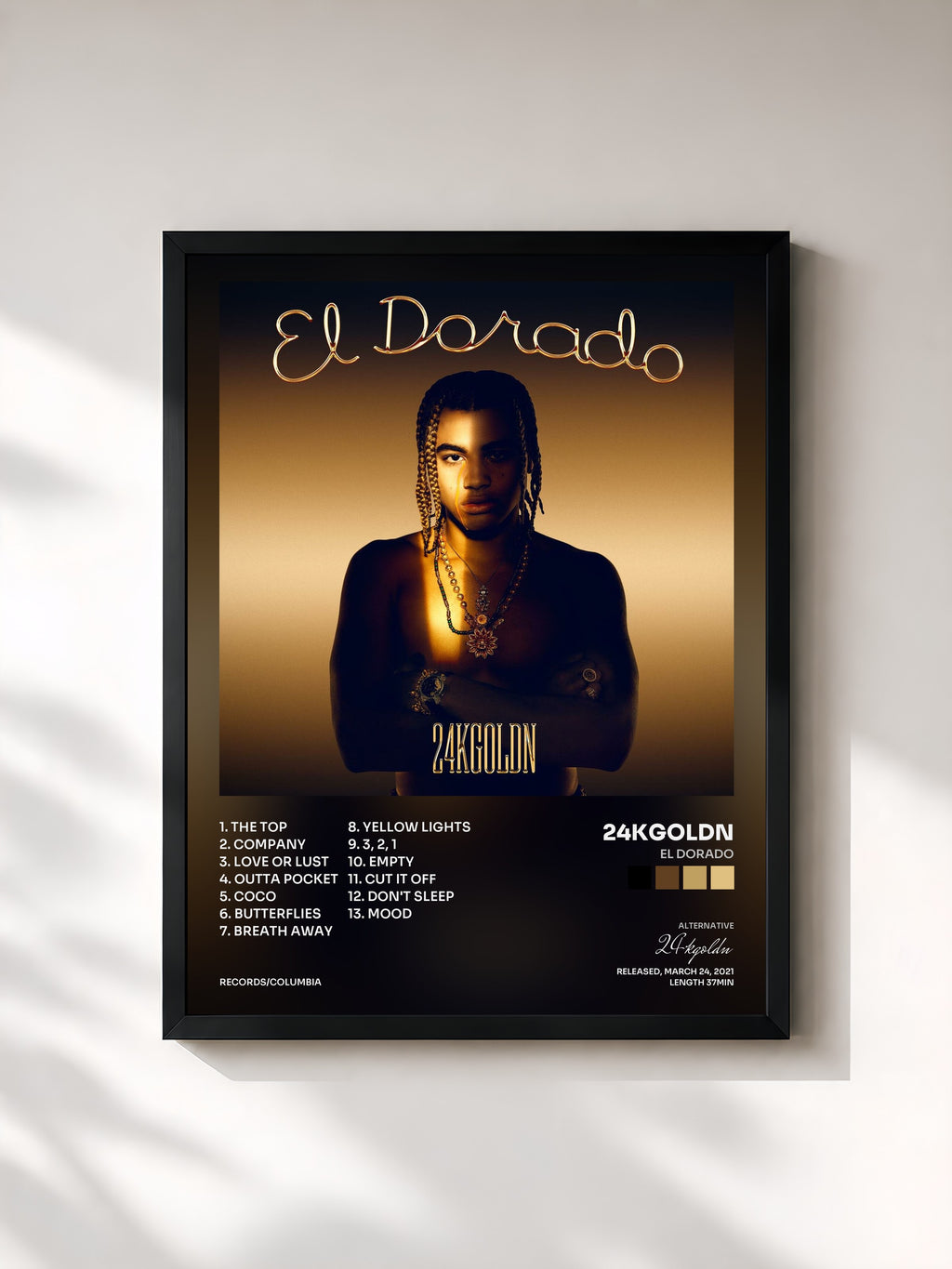 #noir Tableau de l'album El Dorado de 24kgoldn, cadre noir, imprimé et encadré en France