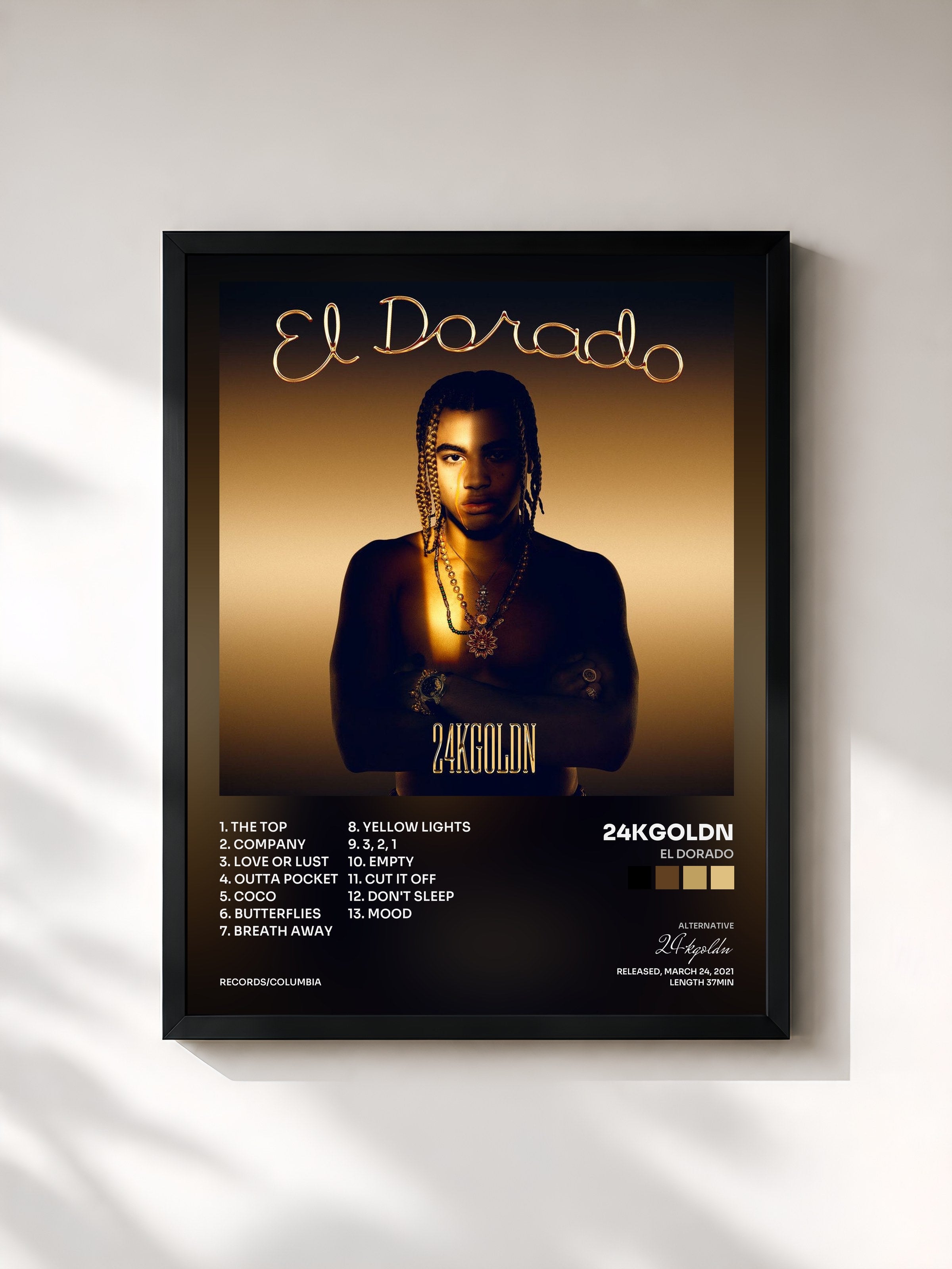 #noir Tableau de l'album El Dorado de 24kgoldn, cadre noir, imprimé et encadré en France