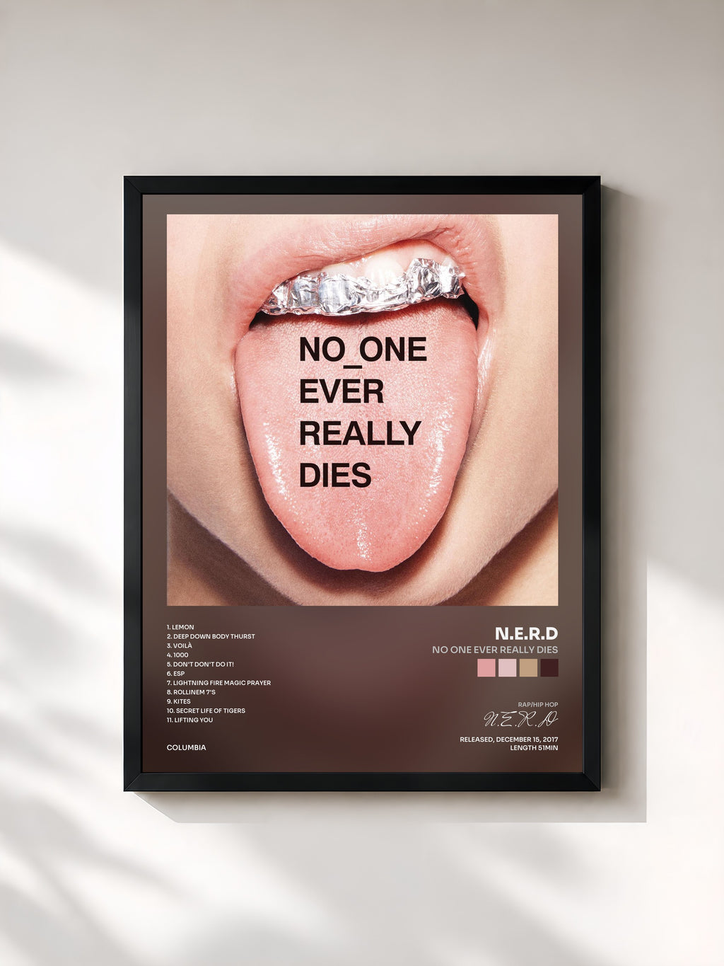 #noir Tableau de l'album NO ONE EVER REALLY DIES de N.E.R.D, cadre noir, imprimé et encadré en France