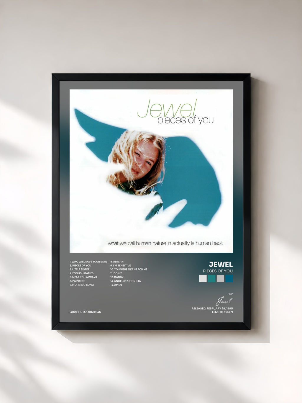 #noir Tableau de l'album Pieces Of You de Jewel, cadre noir, imprimé et encadré en France