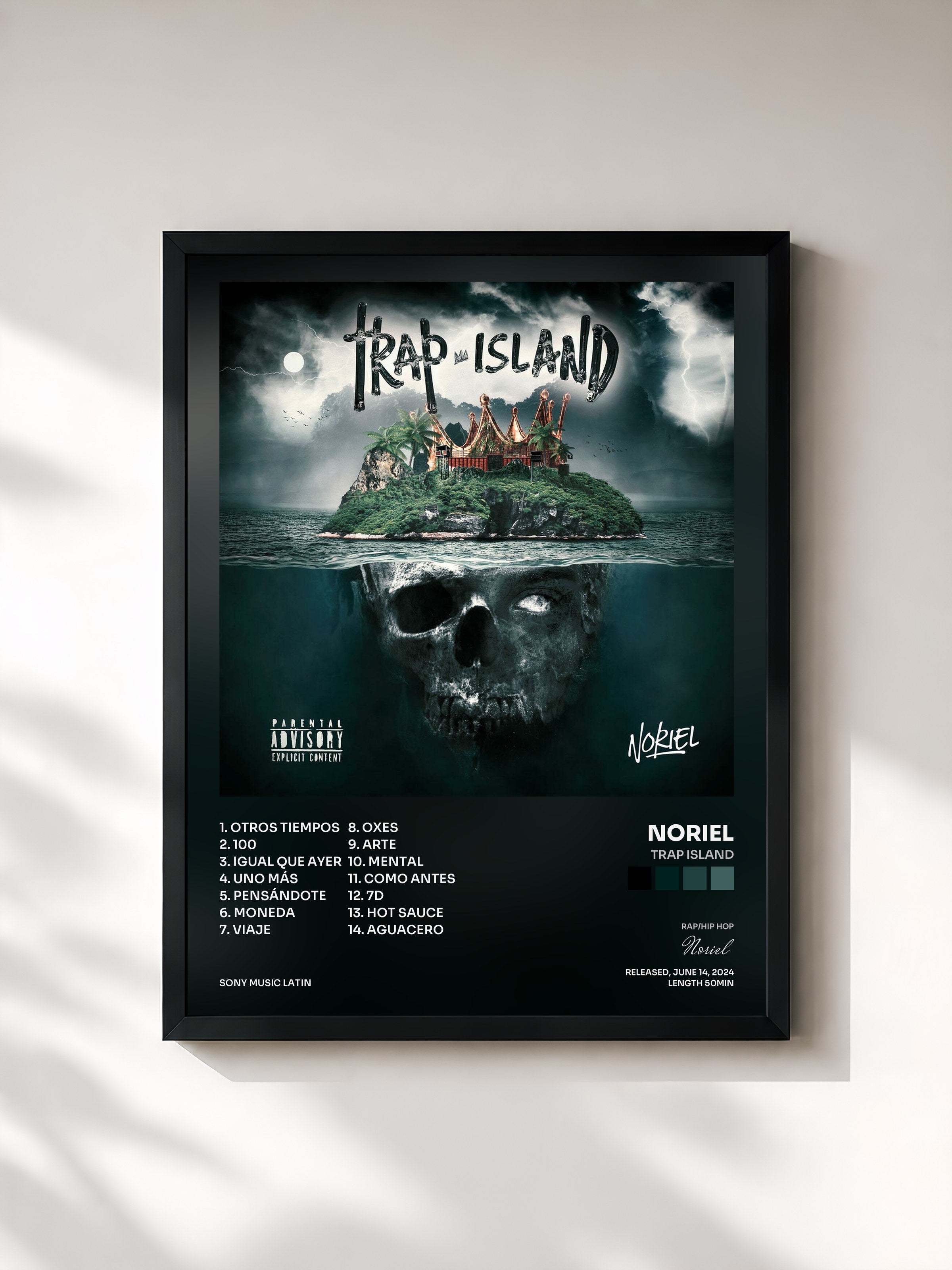 #noir Tableau de l'album Trap Island de Noriel, cadre noir, imprimé et encadré en France