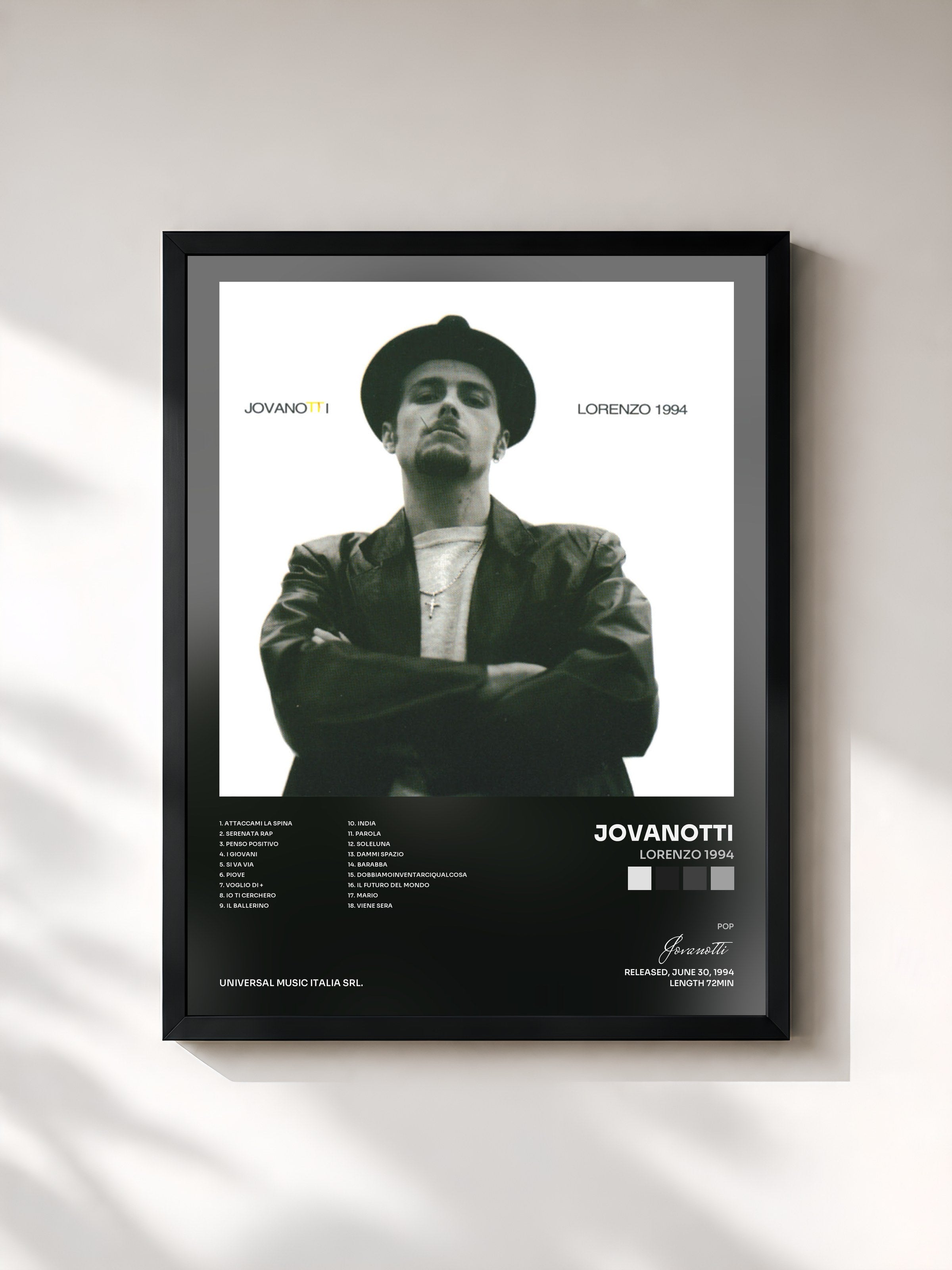 #noir Tableau de l'album Lorenzo 1994 de Jovanotti, cadre noir, imprimé et encadré en France