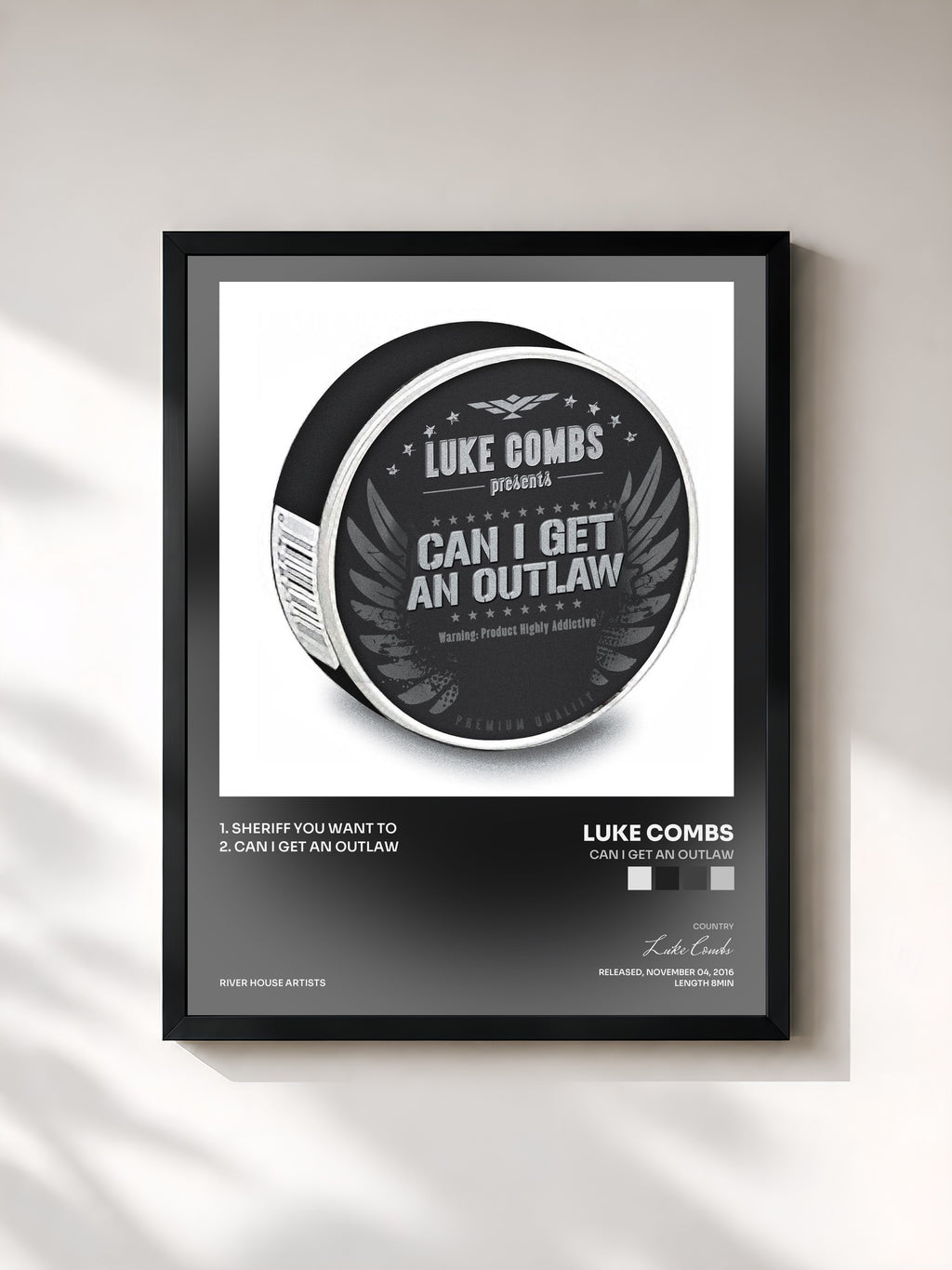 #noir Tableau de l'album Can I Get an Outlaw de Luke Combs, cadre noir, imprimé et encadré en France