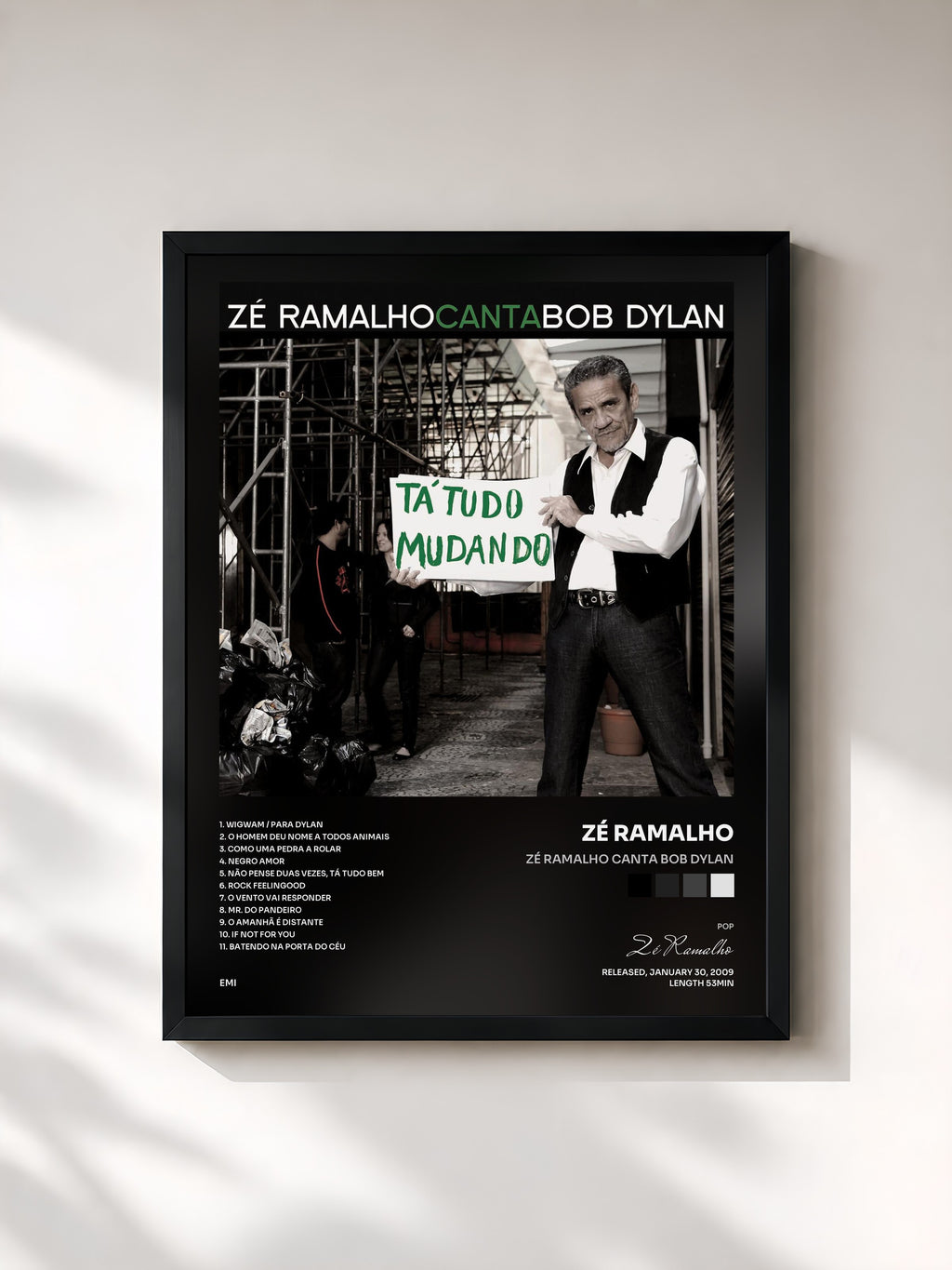#noir Tableau de l'album Zé Ramalho Canta Bob Dylan de Zé Ramalho, cadre noir, imprimé et encadré en France