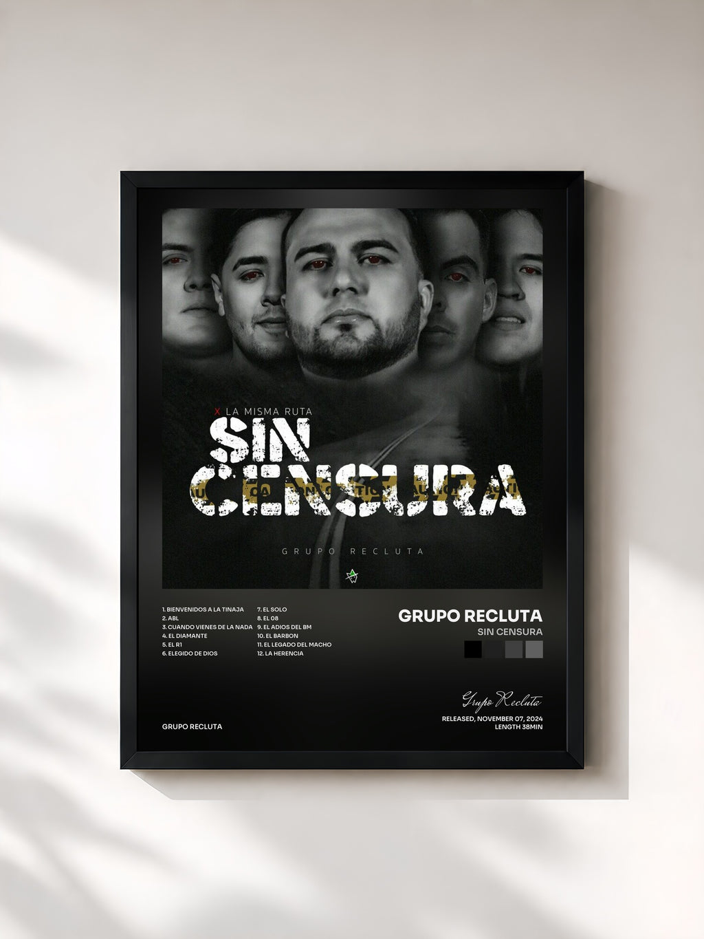 #noir Tableau de l'album Sin Censura de Grupo Recluta, cadre noir, imprimé et encadré en France