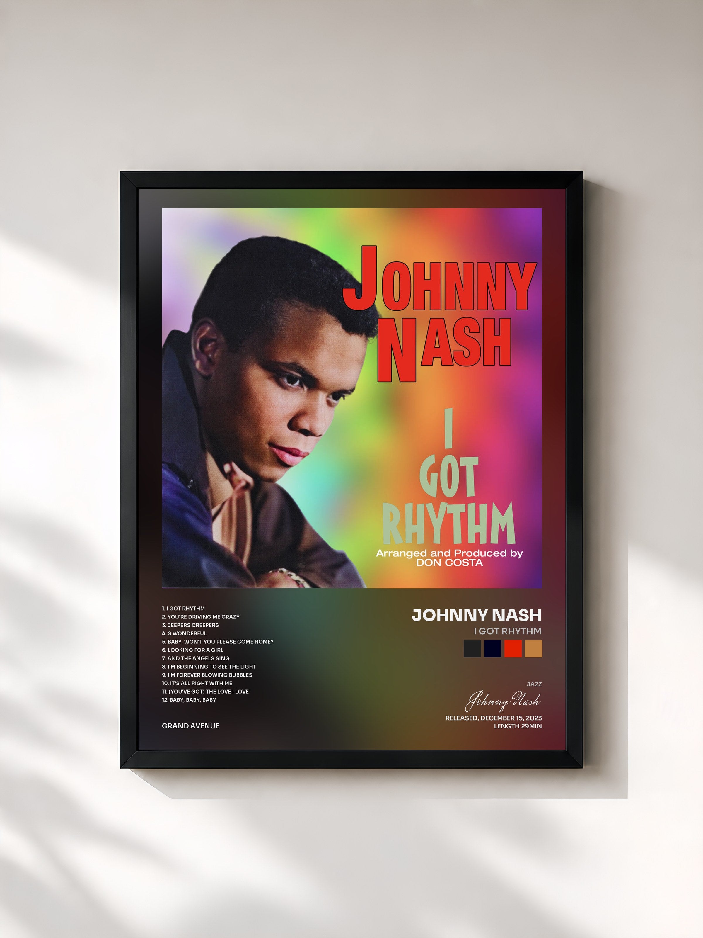 #noir Tableau de l'album I Got Rhythm de Johnny Nash, cadre noir, imprimé et encadré en France