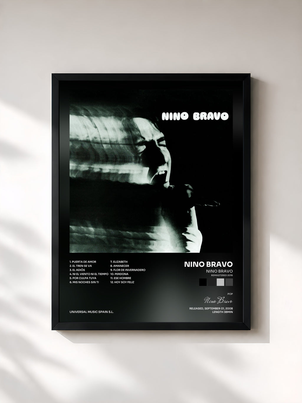#noir Tableau de l'album Nino Bravo (Remastered 2016) de Nino Bravo, cadre noir, imprimé et encadré en France