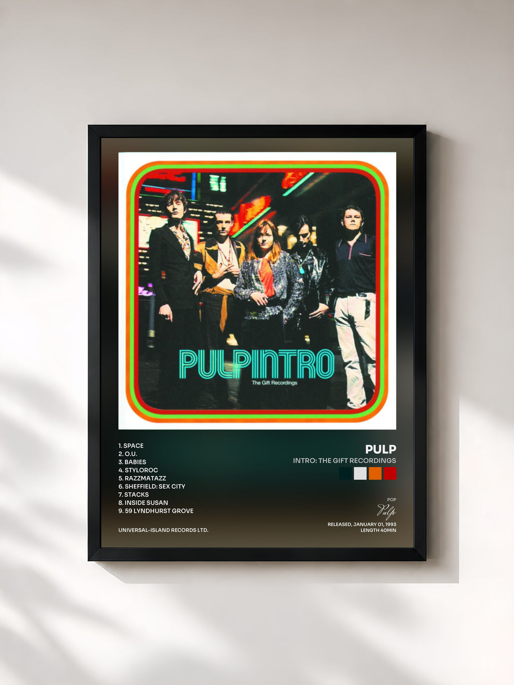 #noir Tableau de l'album Intro: The Gift Recordings de Pulp, cadre noir, imprimé et encadré en France