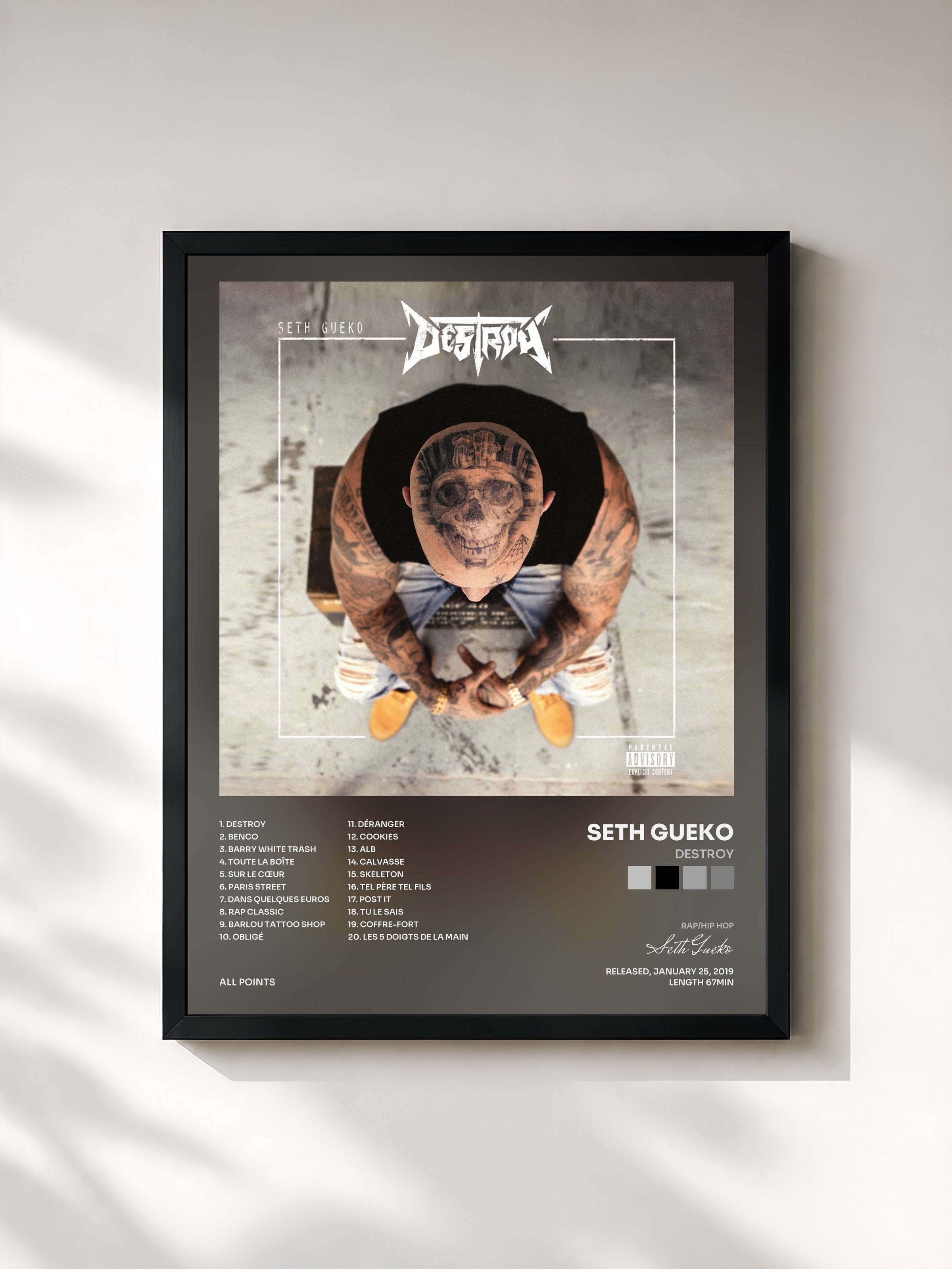 #noir Tableau de l'album Destroy de Seth Gueko, cadre noir, imprimé et encadré en France