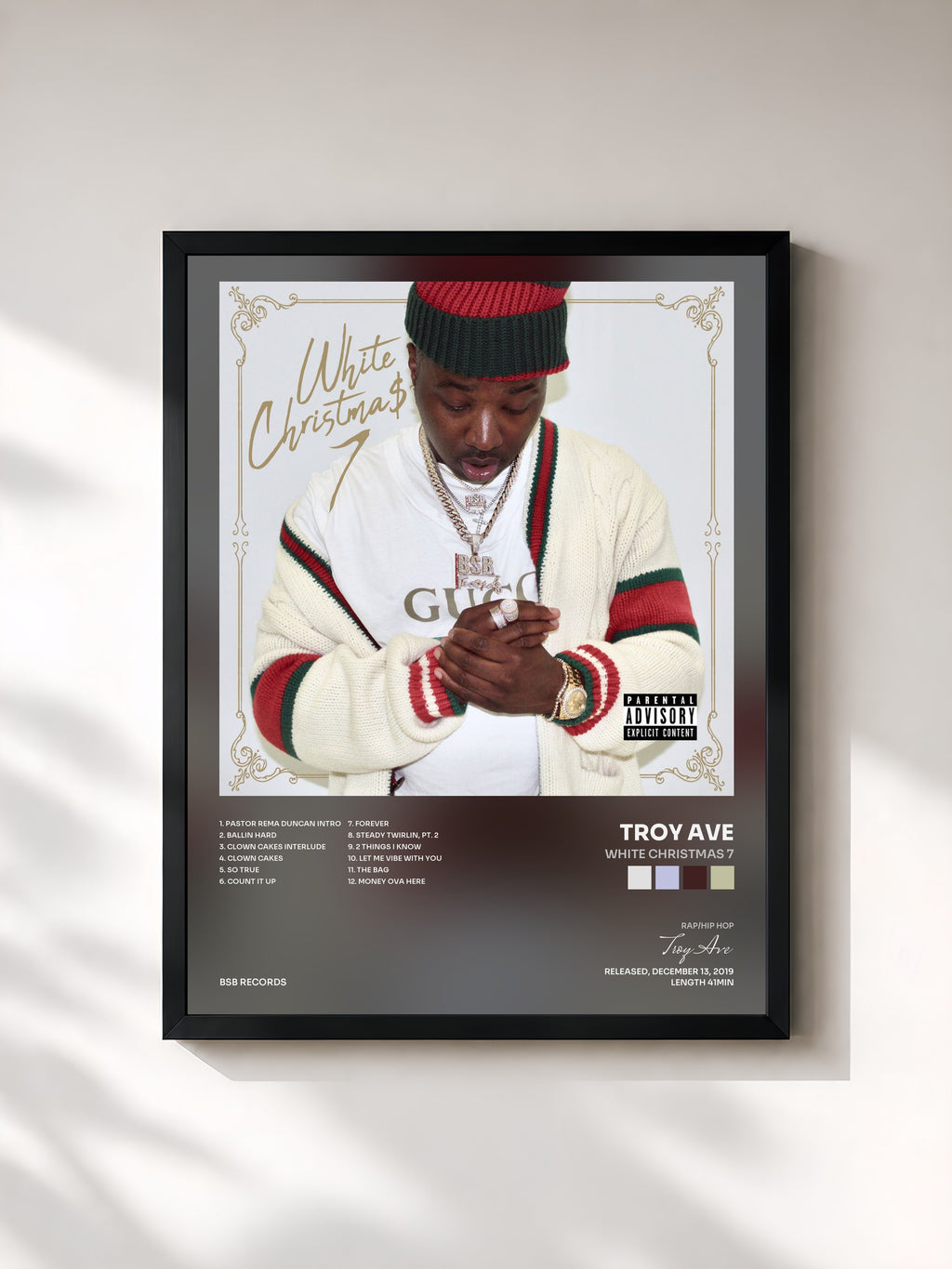 #noir Tableau de l'album White Christmas 7 de Troy Ave, cadre noir, imprimé et encadré en France
