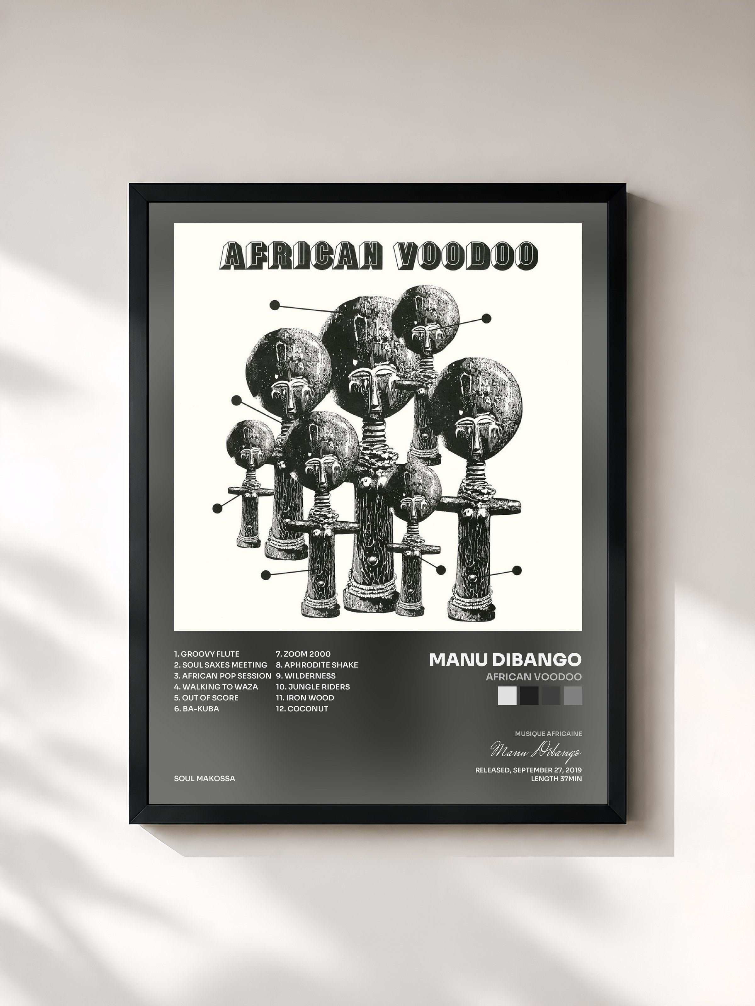 #noir Tableau de l'album African Voodoo de Manu Dibango, cadre noir, imprimé et encadré en France