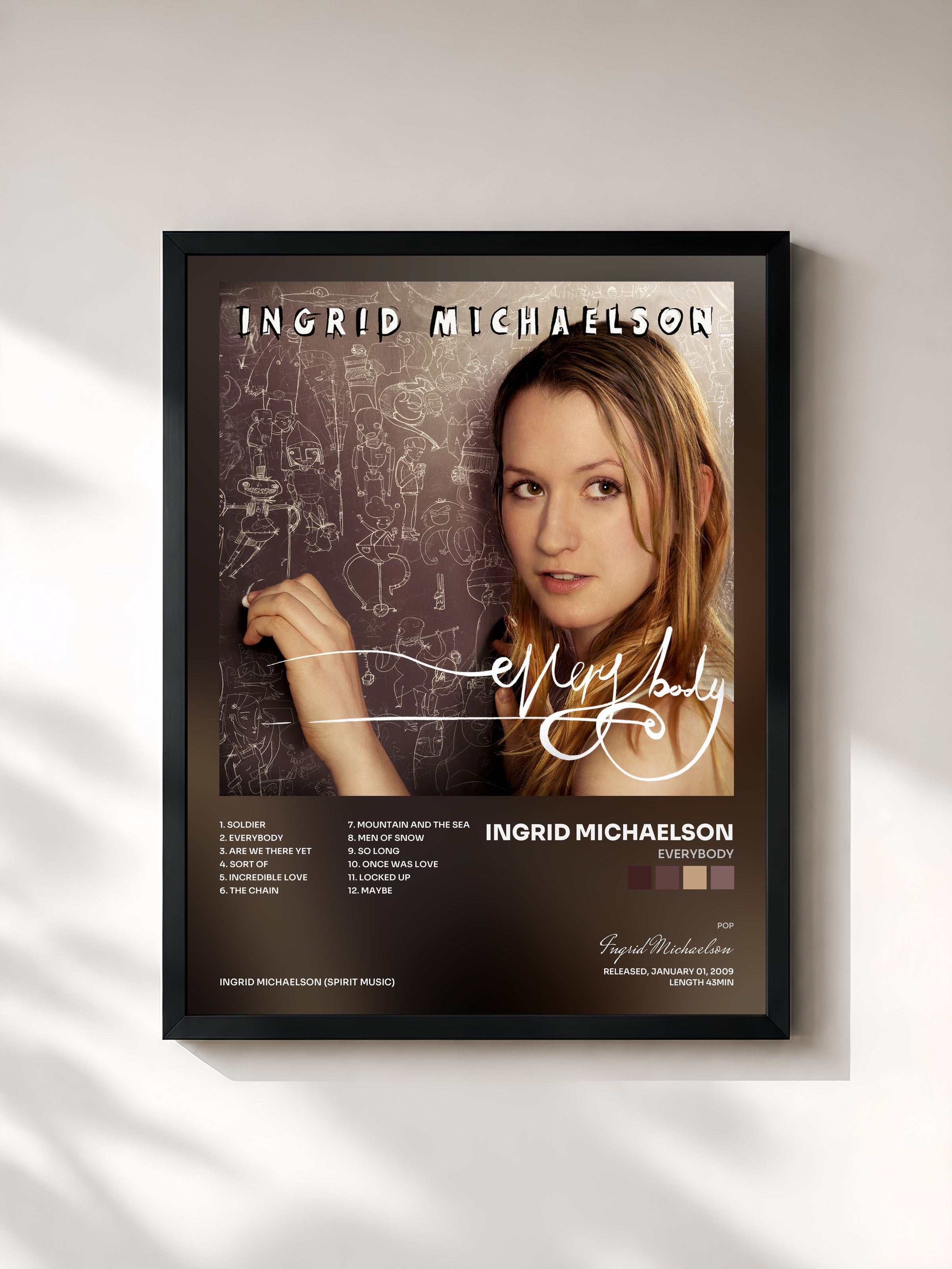 #noir Tableau de l'album Everybody de Ingrid Michaelson, cadre noir, imprimé et encadré en France