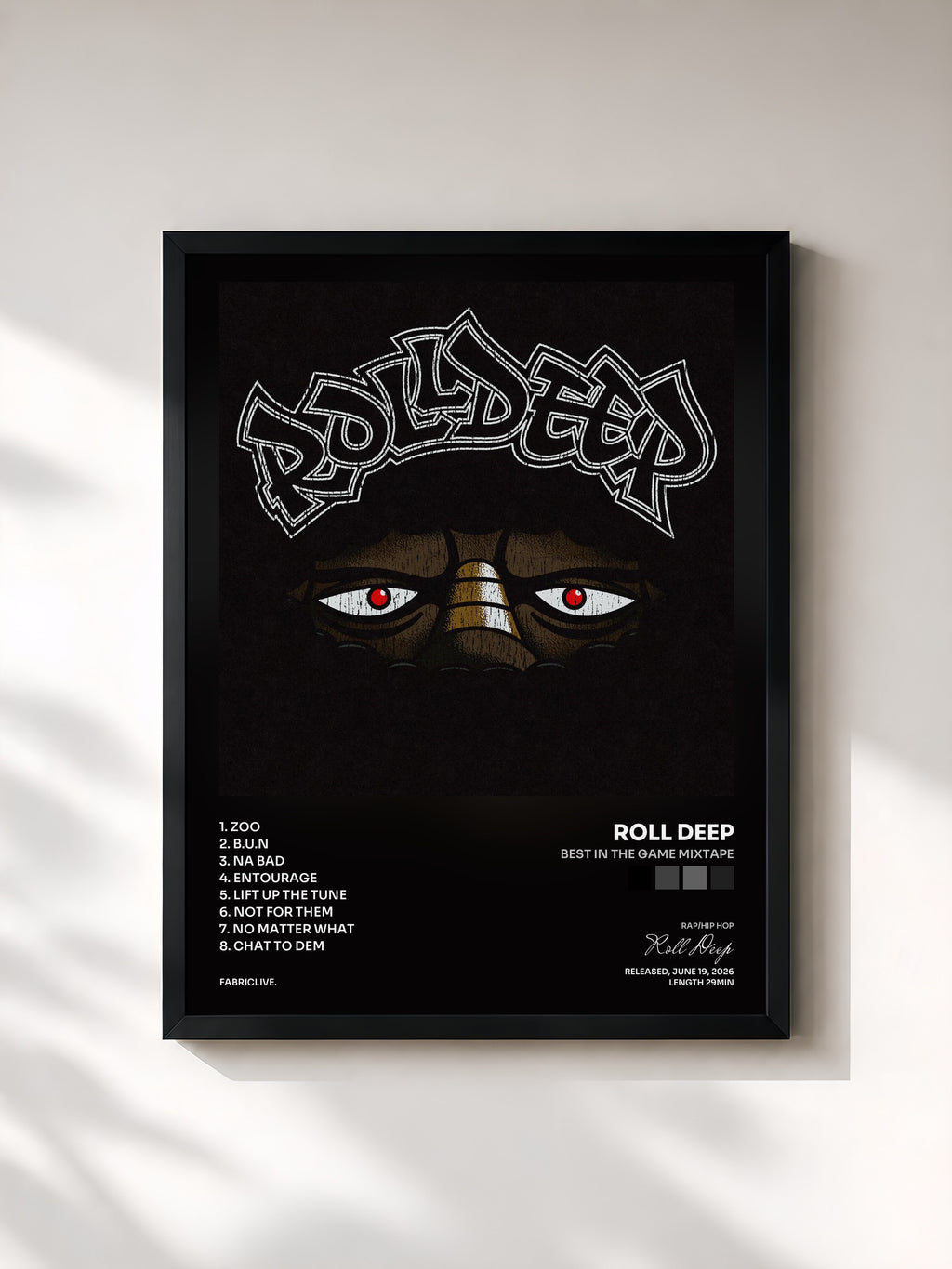 #noir Tableau de l'album Best In The Game Mixtape de Roll Deep, cadre noir, imprimé et encadré en France