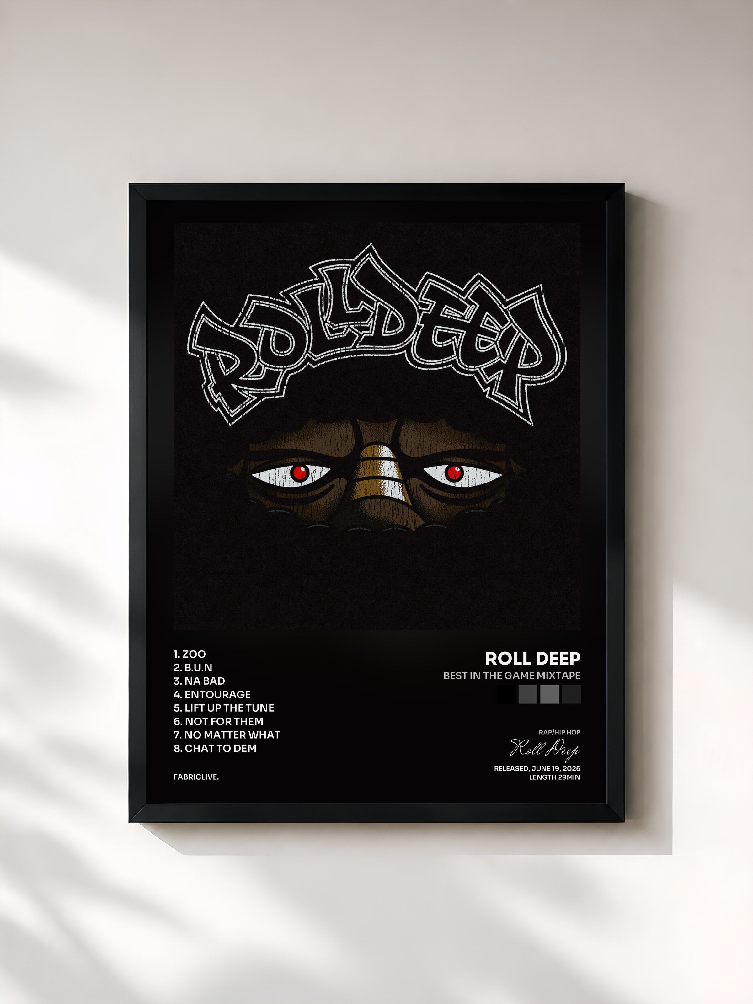#noir Tableau de l'album Best In The Game Mixtape de Roll Deep, cadre noir, imprimé et encadré en France