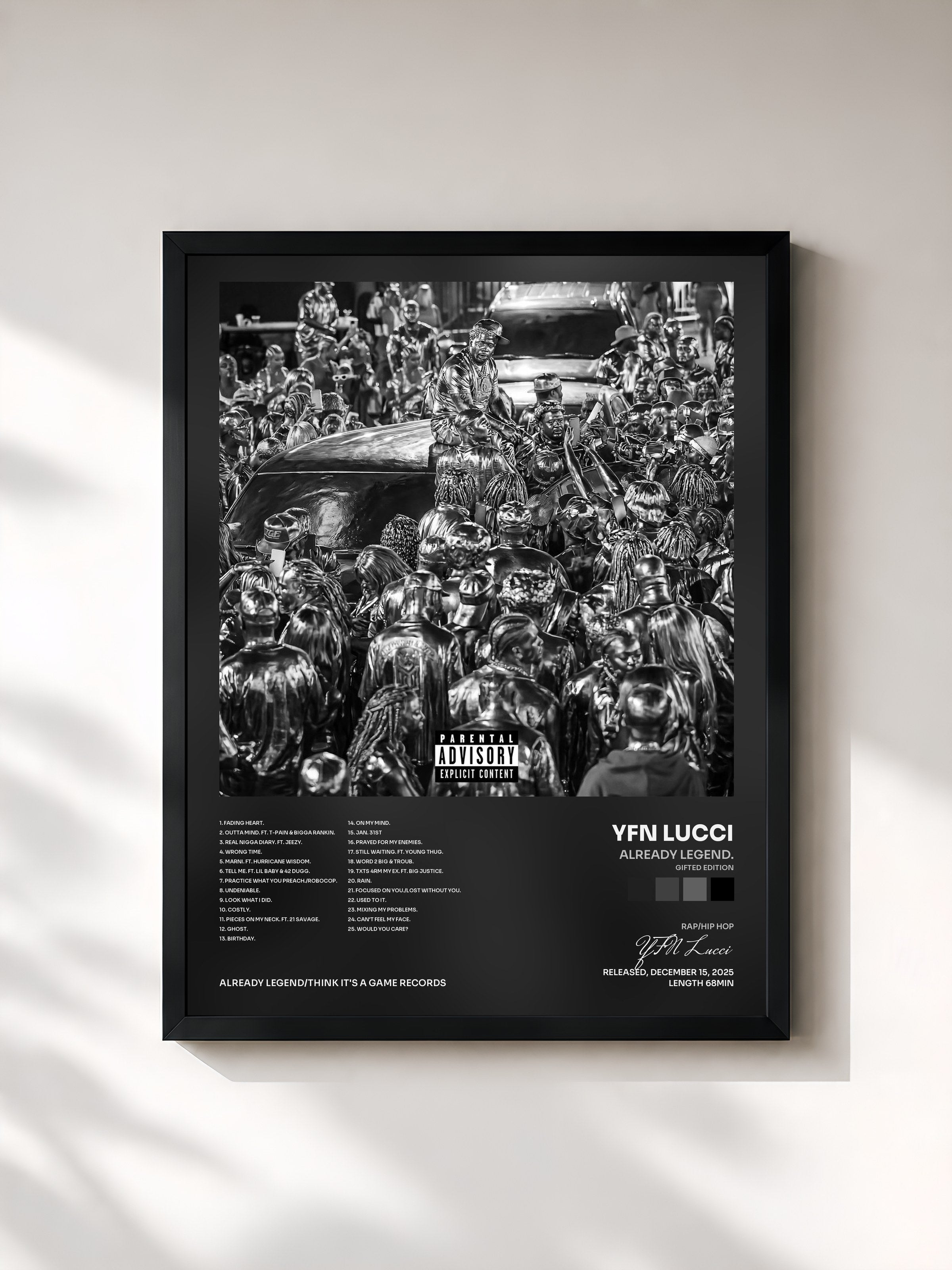 #noir Tableau de l'album ALREADY LEGEND. (GIFTED Edition) de YFN Lucci, cadre noir, imprimé et encadré en France
