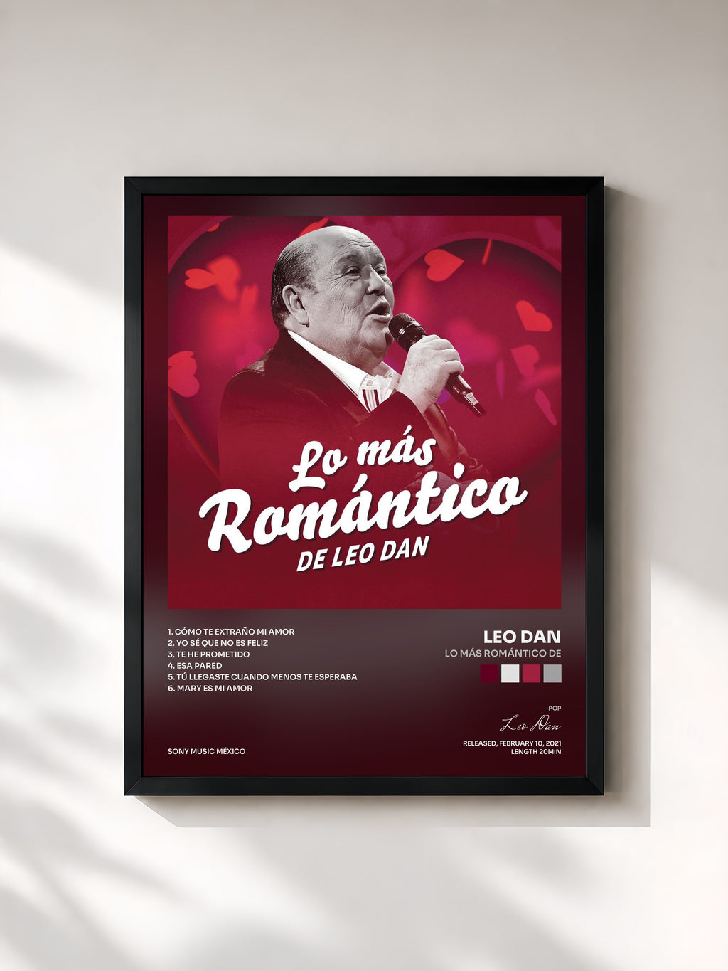 #noir Tableau de l'album Lo Más Romántico de de Leo Dan, cadre noir, imprimé et encadré en France