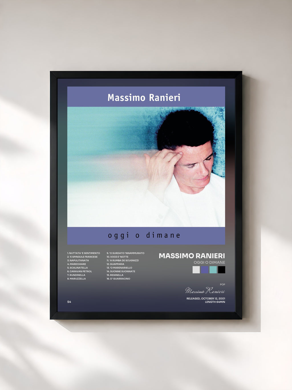 #noir Tableau de l'album Oggi O Dimane de Massimo Ranieri, cadre noir, imprimé et encadré en France