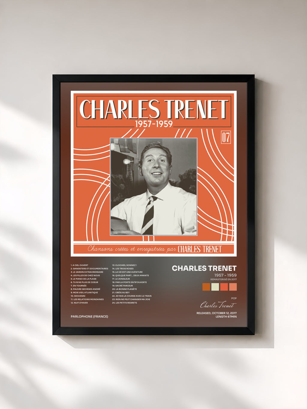 #noir Tableau de l'album 1957 - 1959 (Remasterisé en 2017) de Charles Trenet, cadre noir, imprimé et encadré en France
