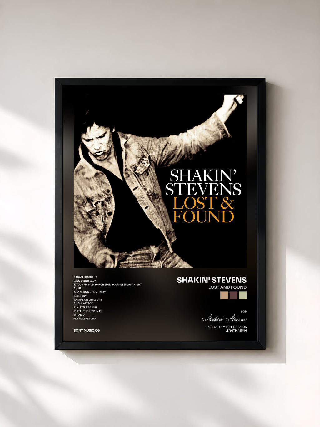 #noir Tableau de l'album Lost And Found de Shakin' Stevens, cadre noir, imprimé et encadré en France
