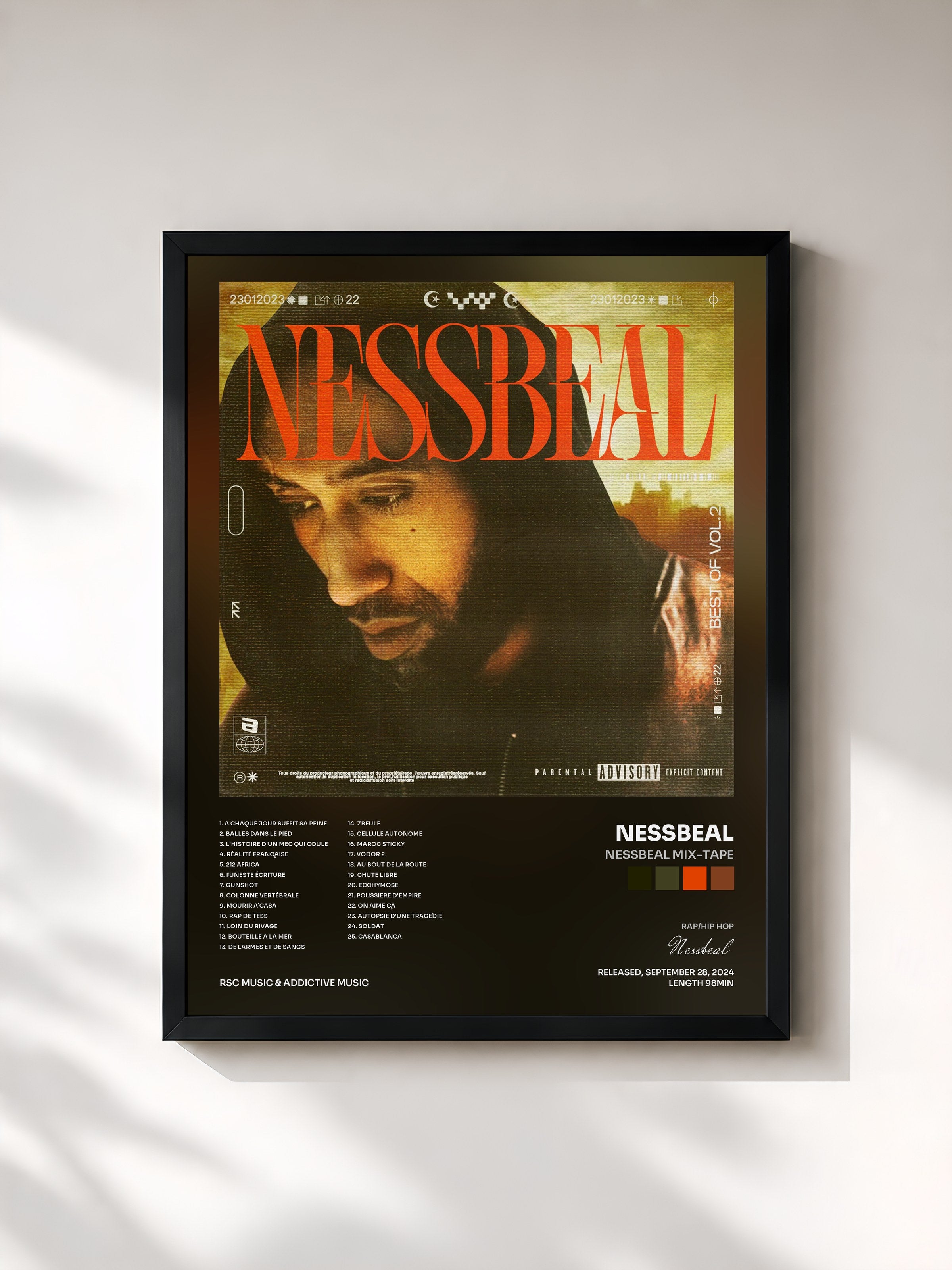 #noir Tableau de l'album Nessbeal Mix-tape de Nessbeal, cadre noir, imprimé et encadré en France