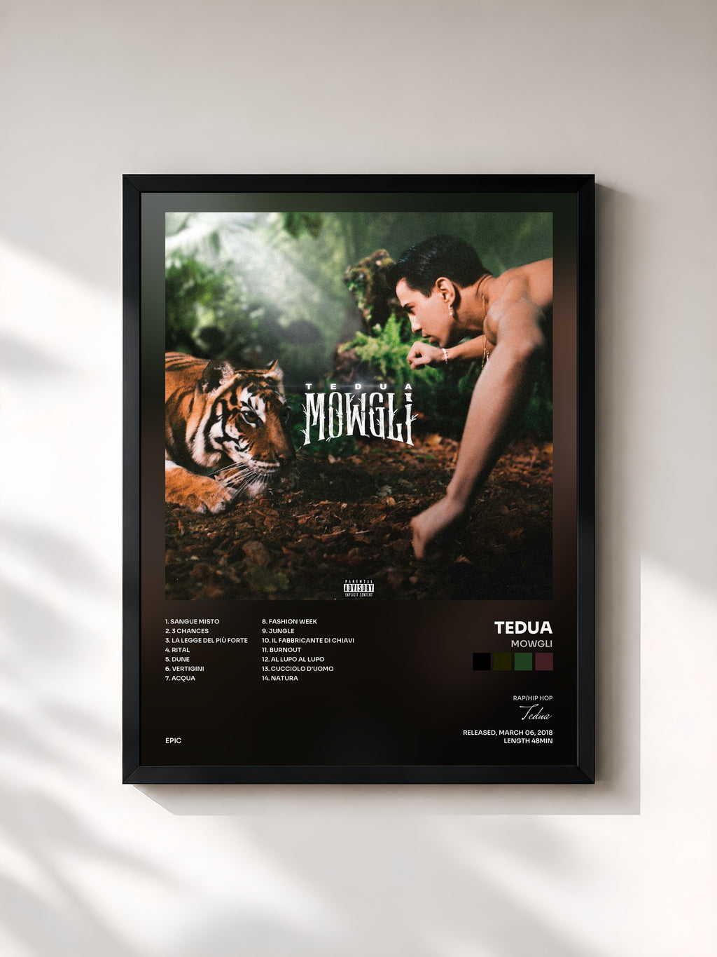 #noir Tableau de l'album Mowgli de Tedua, cadre noir, imprimé et encadré en France