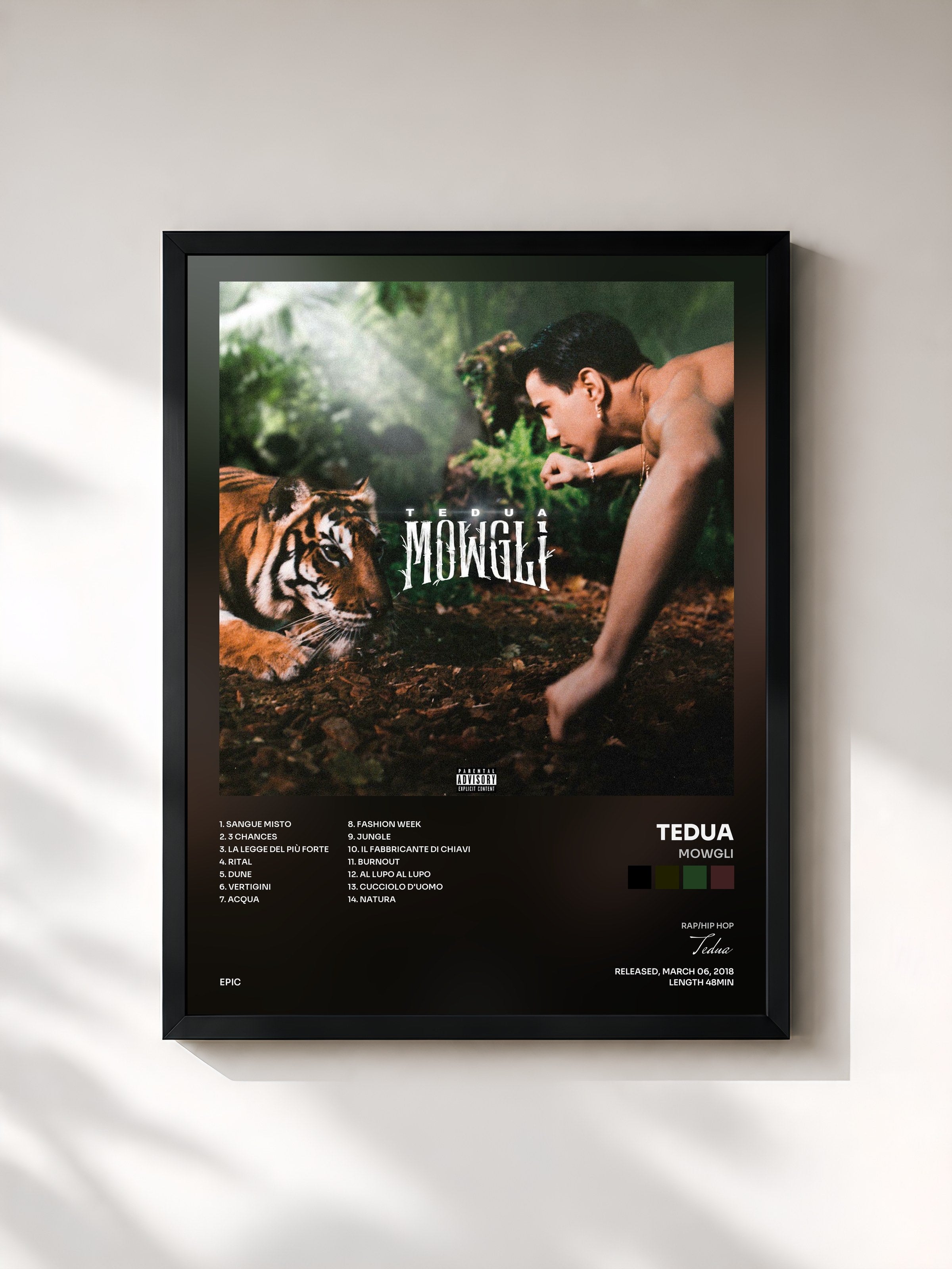 #noir Tableau de l'album Mowgli de Tedua, cadre noir, imprimé et encadré en France