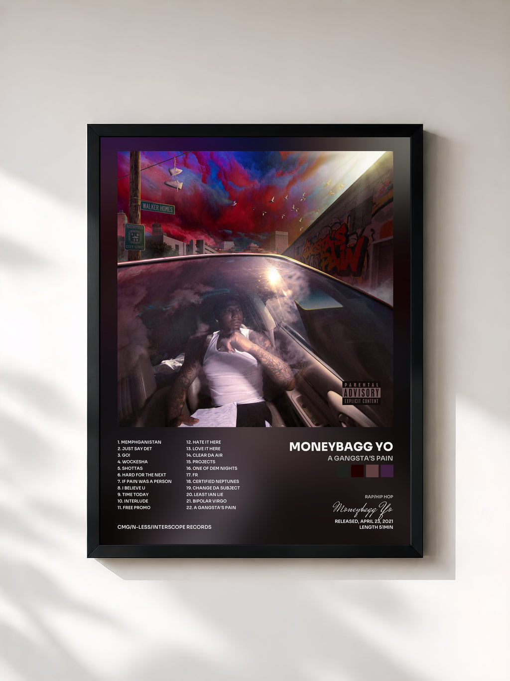 #noir Tableau de l'album A Gangsta’s Pain de Moneybagg Yo, cadre noir, imprimé et encadré en France