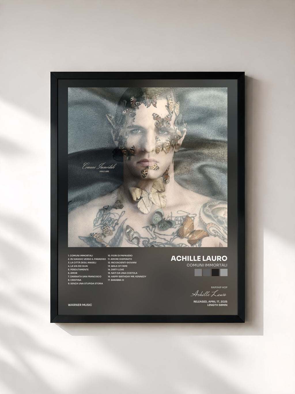 #noir Tableau de l'album Comuni Immortali de Achille Lauro, cadre noir, imprimé et encadré en France