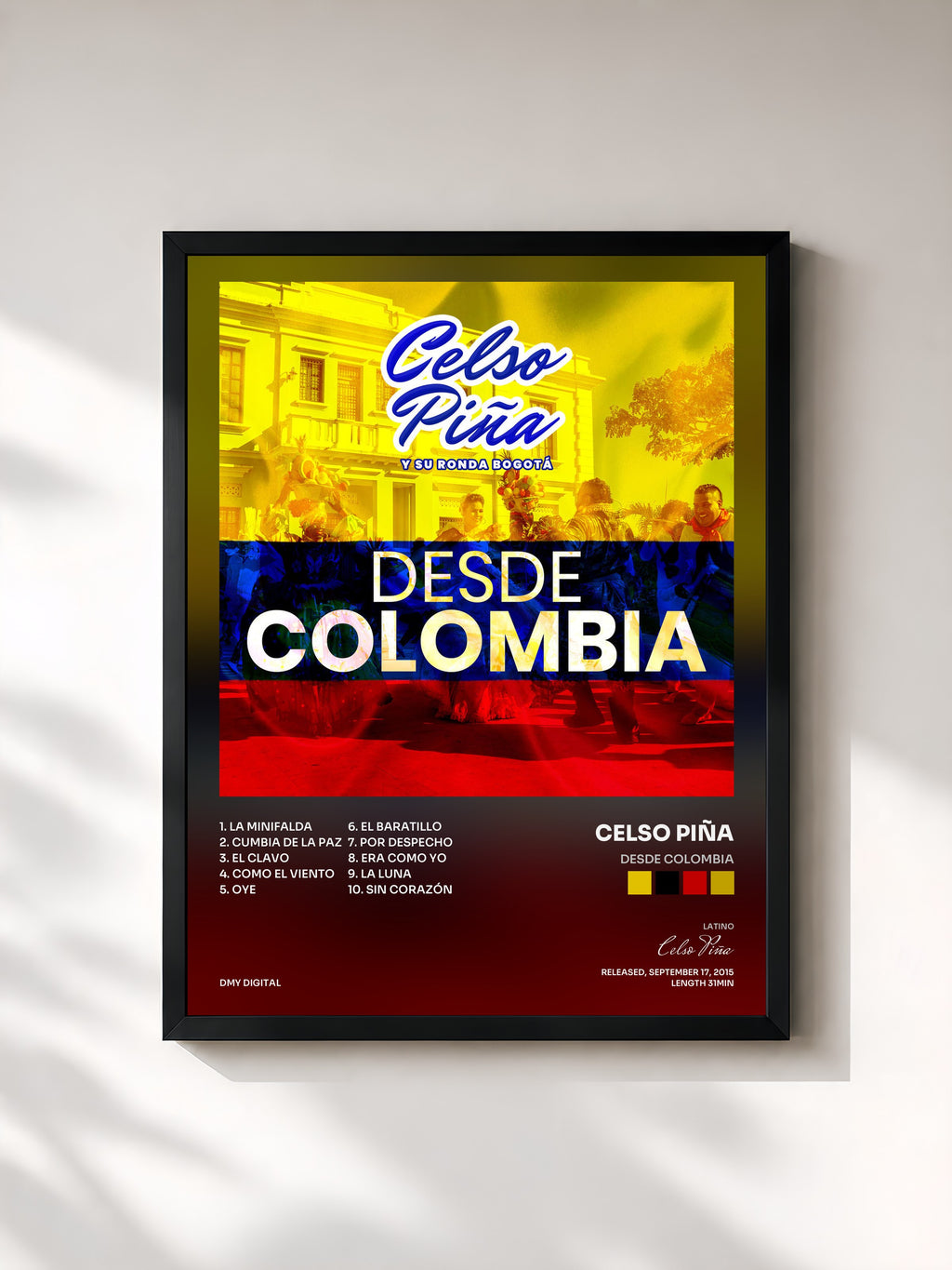 #noir Tableau de l'album Desde Colombia de Celso Piña, cadre noir, imprimé et encadré en France